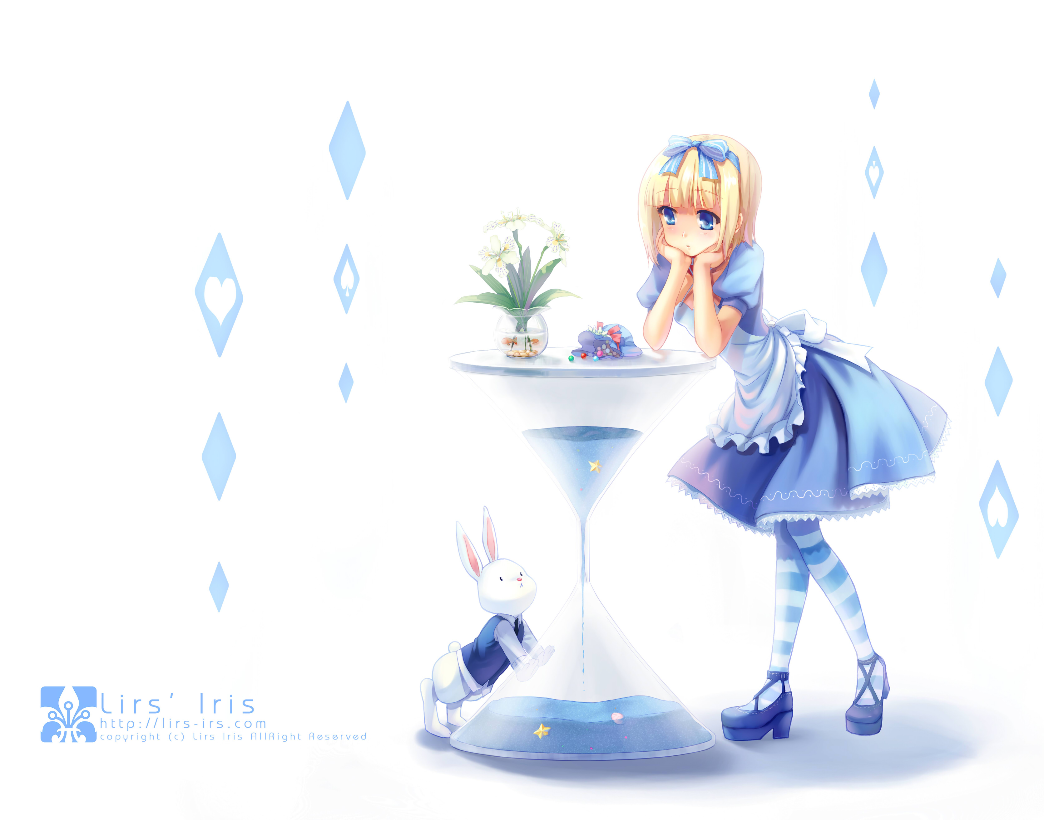 xiangtu, alice (alice in wonderland), alice's adventures in wonderland, original, absurdres, bad id, bad pixiv id, highres, blonde hair, blue eyes, fish, hair ribbon, head rest, rabbit, ribbon, solo, striped clothes, striped thighhighs, thighhighs