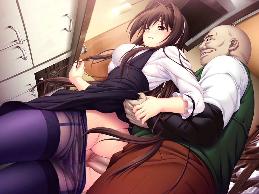tsukumo kazuita, maishima yuri, nerawareta megami tenshi angel tear, game cg, large variant set, non-web source, official art, variant set, 1boy, 1girl, ass, bald, brown eyes, brown hair, censored, clothed sex, clothes lift, clothes pull, dutch angle, from below, grin, hair intakes, hairband, hetero, long hair, looking back, mosaic censoring, one eye closed, panties, panties under pantyhose, panty pull, pantyhose, pantyhose pull, penis, pussy, pussy juice, sex, sex from behind, skirt, skirt lift, smile, thighband pantyhose, thighhighs, ugly bastard, underwear, vaginal, very long hair