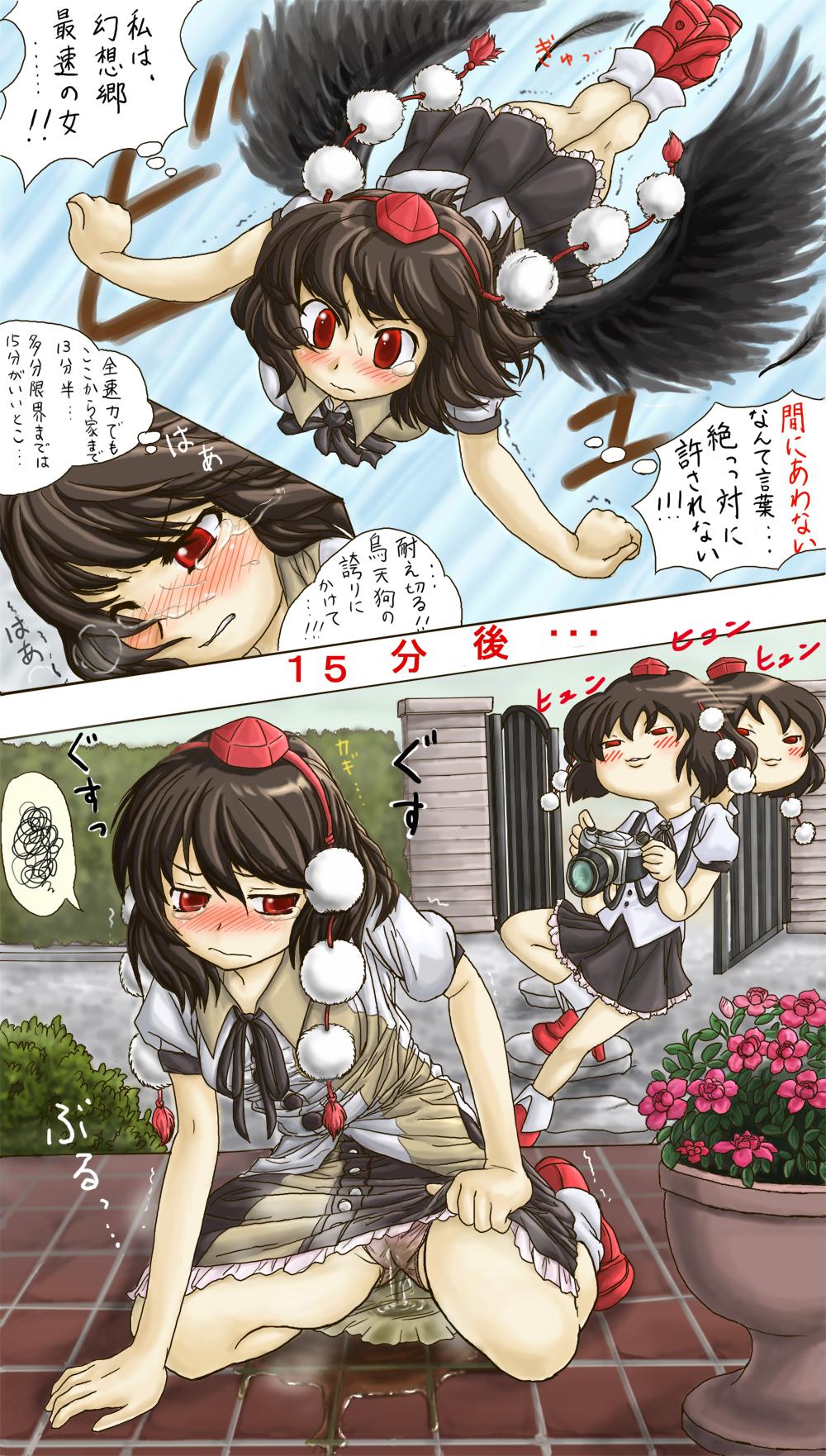 veggie, shameimaru aya, touhou, bad id, bad pixiv id, highres, translation request, 2girls, black hair, camera, comic, dress, female focus, flower, hat, kneeling, multiple girls, nature, outdoors, panties, pee, peeing, plant, red eyes, skirt, sky, solo, underwear, wet, yukkuri shiteitte ne