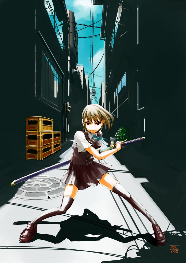 chitose shuusui, original, alley, brown hair, city, fighting stance, katana, ready to draw, school uniform, shadow, sheath, short hair, solo, sword, thighhighs, unsheathing, weapon