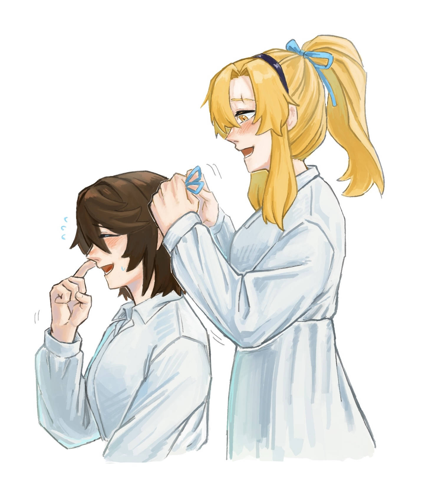 gmeg011, koishikawa iko, momijiyama teru, shy (series), commentary, highres, symbol-only commentary, 2girls, :d, blonde hair, blush, brown hair, cropped torso, dress, green ribbon, hair ribbon, hand up, long hair, long sleeves, lower teeth only, medium hair, multiple girls, open mouth, orange eyes, ponytail, ribbon, scar, scar across eyebrow, scar on face, simple background, smile, teeth, white background, white dress