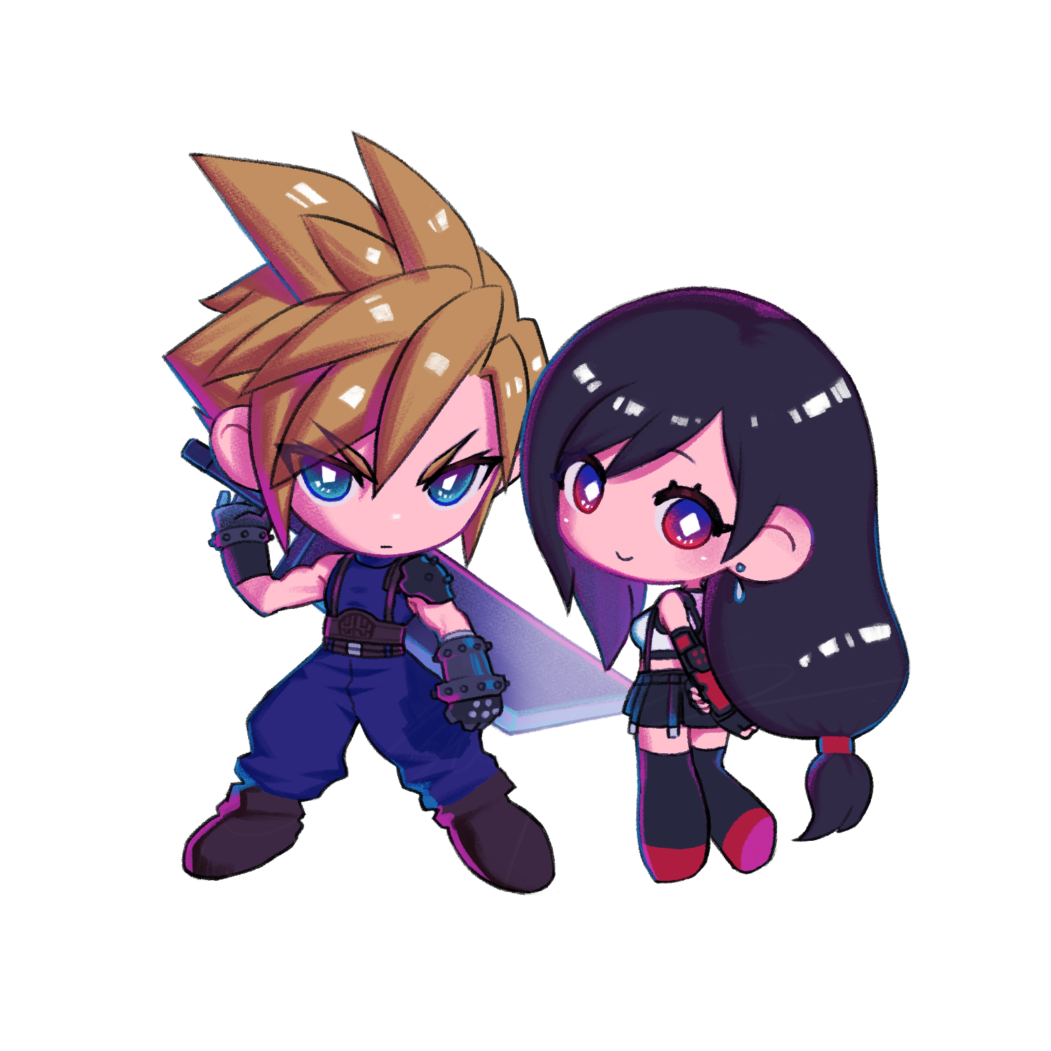 bailian, cloud strife, tifa lockhart, final fantasy, final fantasy vii, final fantasy vii remake, commentary request, highres, 1boy, 1girl, arms behind back, baggy pants, bare shoulders, black gloves, black hair, black skirt, black thighhighs, blonde hair, blue eyes, blue pants, blue sweater, boots, breasts, brown boots, buster sword, chibi, chibi only, closed mouth, crop top, earrings, fingerless gloves, from behind, full body, gloves, hair behind ear, jewelry, long hair, looking at viewer, looking back, low-tied long hair, medium breasts, miniskirt, pants, red boots, red eyes, serious, single arm guard, single earring, skirt, sleeveless, sleeveless turtleneck, smile, spiked hair, standing, suspender skirt, suspenders, sweater, sword, sword on back, tank top, teardrop earrings, thighhighs, turtleneck, turtleneck sweater, v-shaped eyebrows, very long hair, weapon, weapon on back, white background, white tank top, zettai ryouiki