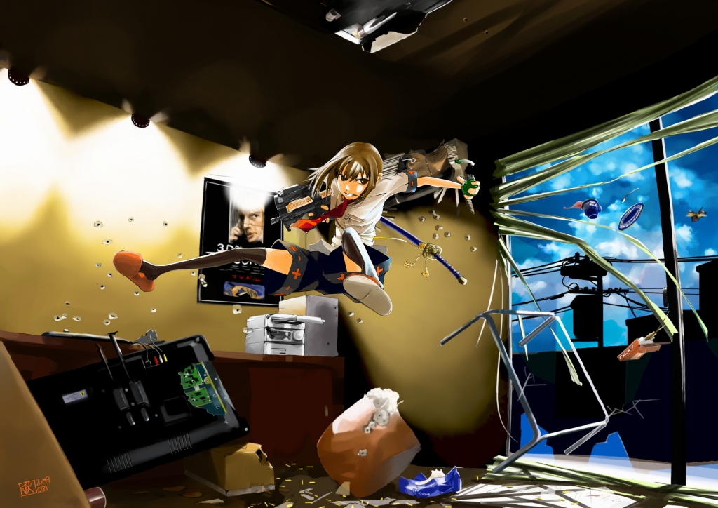 chitose shuusui, original, 1girl, action, brown hair, bullpup, damaged, explosive, female focus, food, grenade, gun, horizontal magazine, indoors, katana, necktie, p90, personal defense weapon, pocky, room, see-through clothes, short hair, shorts, sky, slippers, solo, submachine gun, sword, tea, television, translucent, weapon