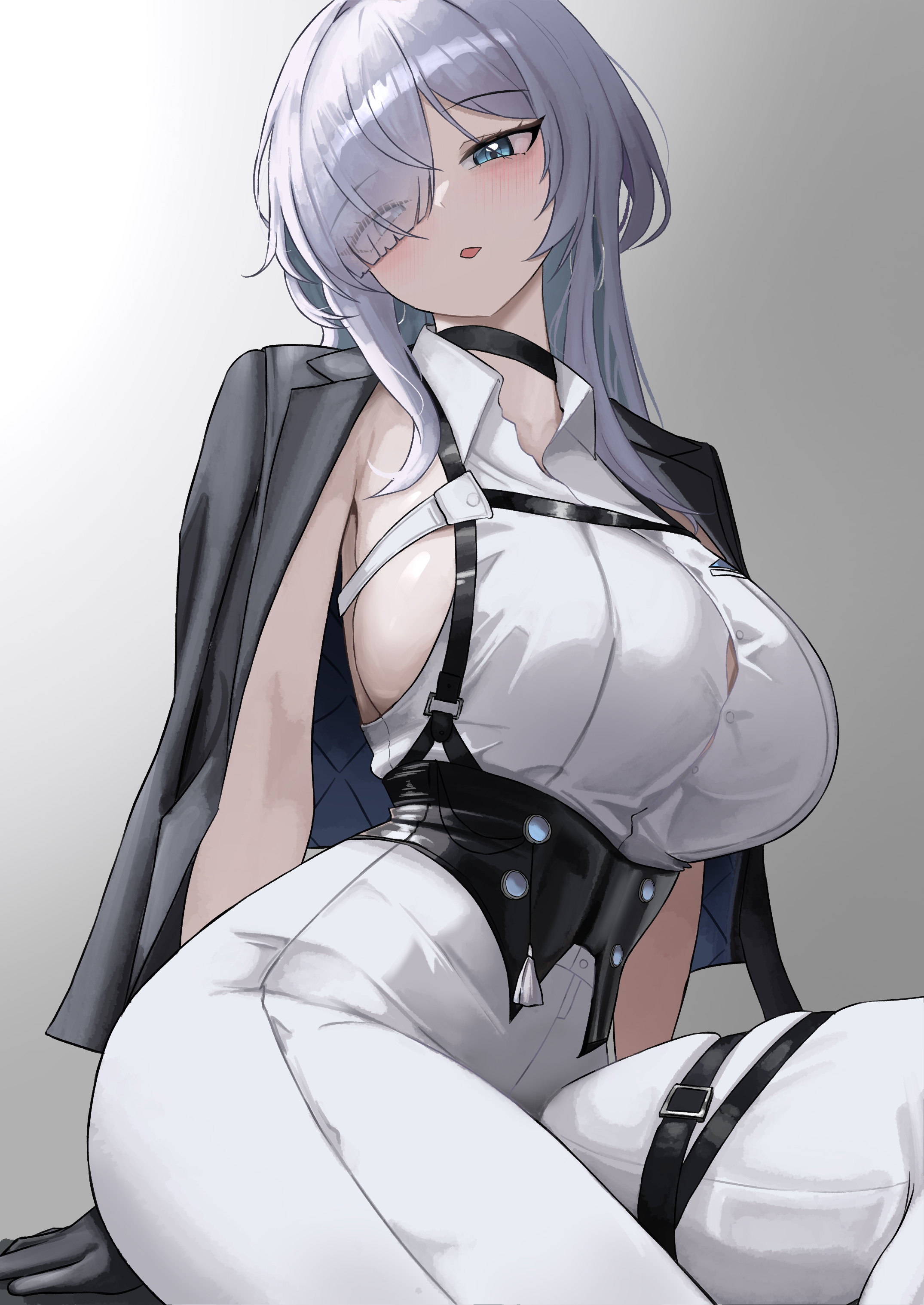 small chair (xiaosaiyi33818), brid (nikke), brid (silent track) (nikke), goddess of victory: nikke, absurdres, commentary, highres, 1girl, arm support, backless shirt, black choker, black corset, black jacket, blue eyes, blush, breasts, button gap, chest harness, choker, collared shirt, corset, earrings, floating earrings, gloves, grey hair, hair between eyes, hair down, hair over one eye, harness, head tilt, high-waist pants, jacket, jacket on shoulders, jewelry, large breasts, long hair, looking at viewer, official alternate costume, official alternate hairstyle, open mouth, pants, shirt, sideboob, sideless shirt, sidelocks, simple background, sitting, skindentation, sleeveless, sleeveless shirt, solo, thigh strap, tight clothes, tight pants, white pants, white shirt