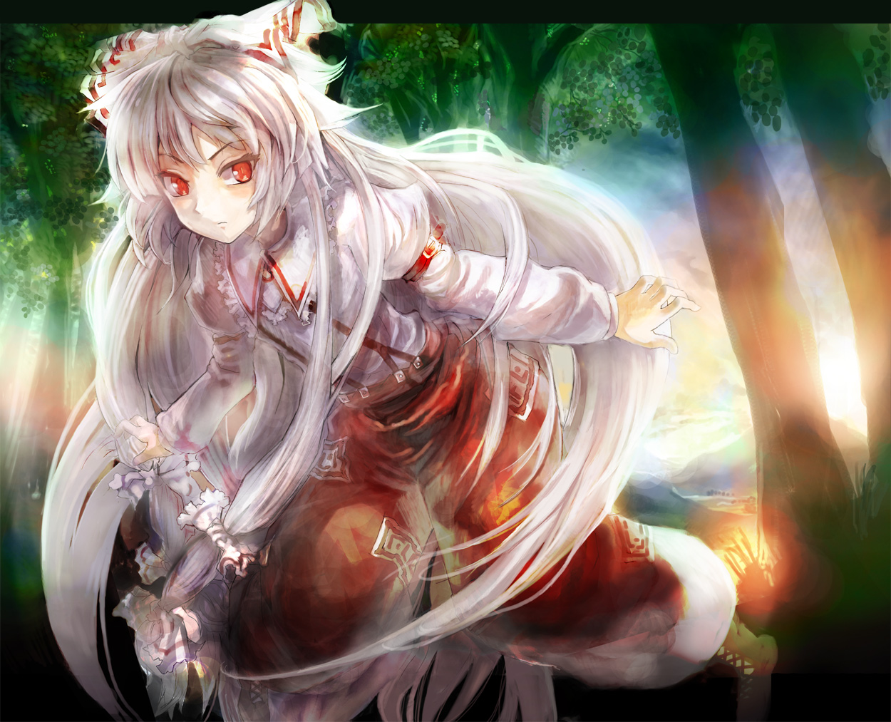 asuka shirou, fujiwara no mokou, touhou, silver hair, 1girl, big hair, bow, female focus, forest, hair bow, hair ribbon, long hair, multiple hair bows, nature, outdoors, red eyes, ribbon, solo, solo focus, suspenders, very long hair