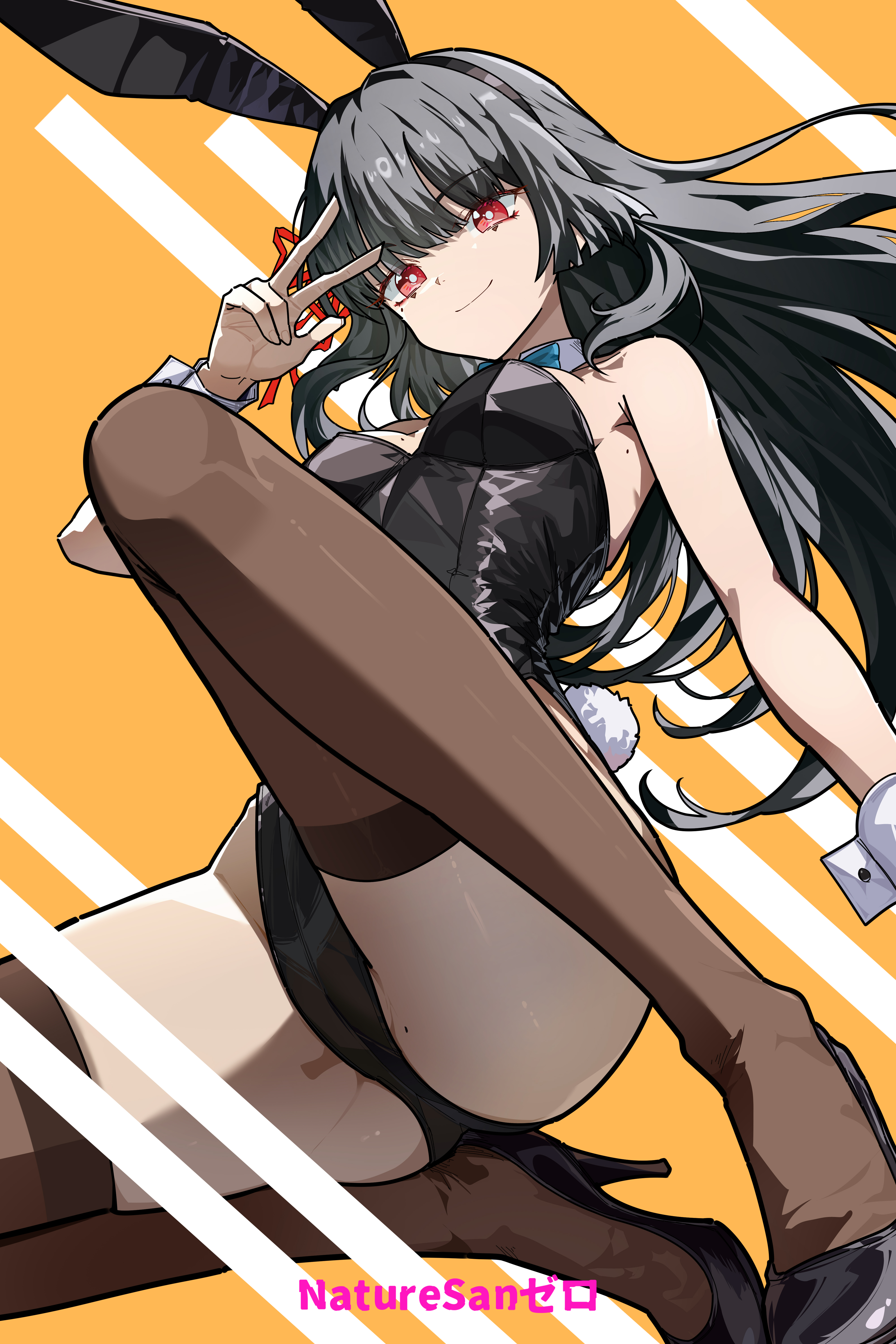 ryeon (naturesan), chisa (wuthering waves), wuthering waves, absurdres, commentary, english commentary, highres, 1girl, alternate costume, animal ear hairband, animal ears, bare shoulders, black hair, black leotard, black shoes, black thighhighs, breasts, bright pupils, closed mouth, fake animal ears, hairband, hand up, high heels, highleg, highleg leotard, leotard, long hair, looking at viewer, medium breasts, playboy bunny, rabbit ear hairband, rabbit ears, red eyes, shoes, smile, solo, thighhighs, thighs, v, white pupils