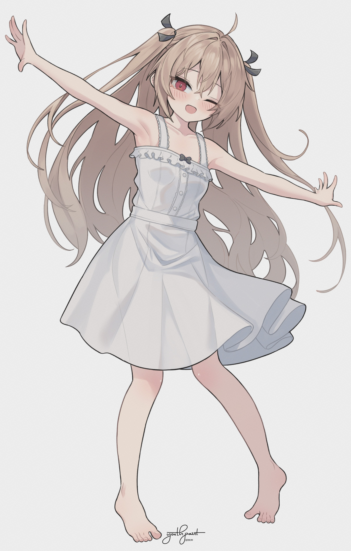 youthpaint, atri, atri-my dear moments-, hashtag-only commentary, highres, barefoot, black ribbon, blush, breasts, brown hair, buttons, collarbone, cowlick, dated, dot nose, dress, full body, hair between eyes, hair ribbon, long hair, one eye closed, open mouth, outstretched arms, red eyes, ribbon, see-through silhouette, sidelocks, signature, simple background, small breasts, standing, two side up, white background, white dress