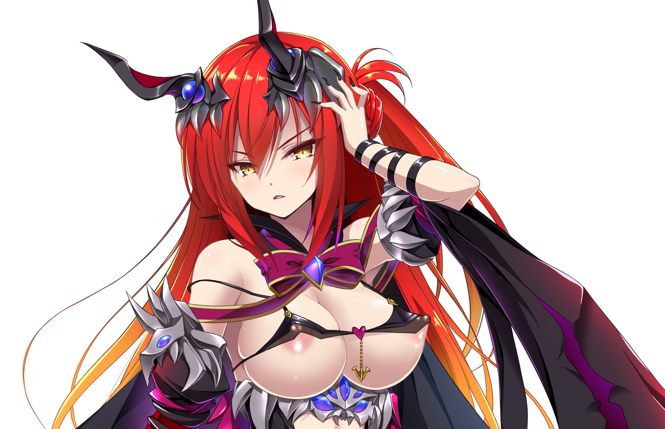 chikubi (artist), kusarou, mamiya inori, mahou shoujo inori, game cg, large variant set, non-web source, official art, variant set, 1girl, areola slip, bare shoulders, bow, breasts, corruption, covered erect nipples, dark persona, gradient hair, hair ornament, hand on own head, hand to head, large breasts, long hair, looking at viewer, multicolored hair, nipple slip, nipples, open mouth, orange hair, red hair, solo, transparent background, upper body, yellow eyes