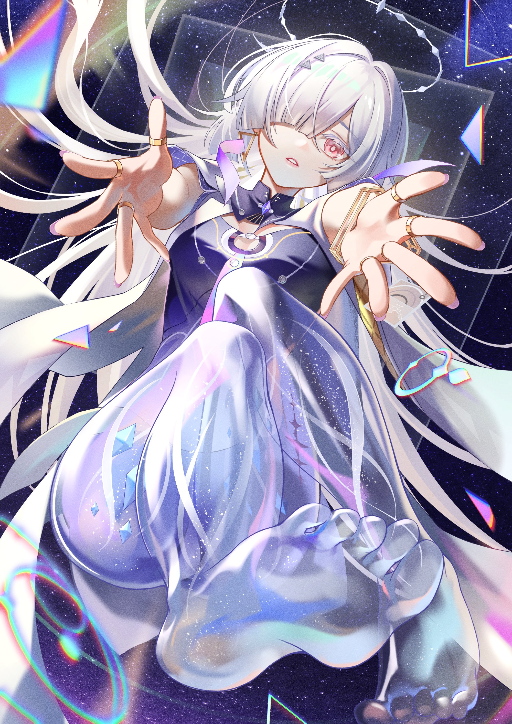 chigusa7h, mornye (wuthering waves), wuthering waves, absurdres, commentary, highres, making-of available, 1girl, barefoot, breasts, colored eyelashes, dress, feet, fingernails, grey hair, hair ornament, halo, jewelry, long hair, looking at viewer, medium breasts, multiple rings, outstretched arms, parted lips, purple dress, red eyes, ring, see-through body, soles, solo, tacet mark (wuthering waves), toes