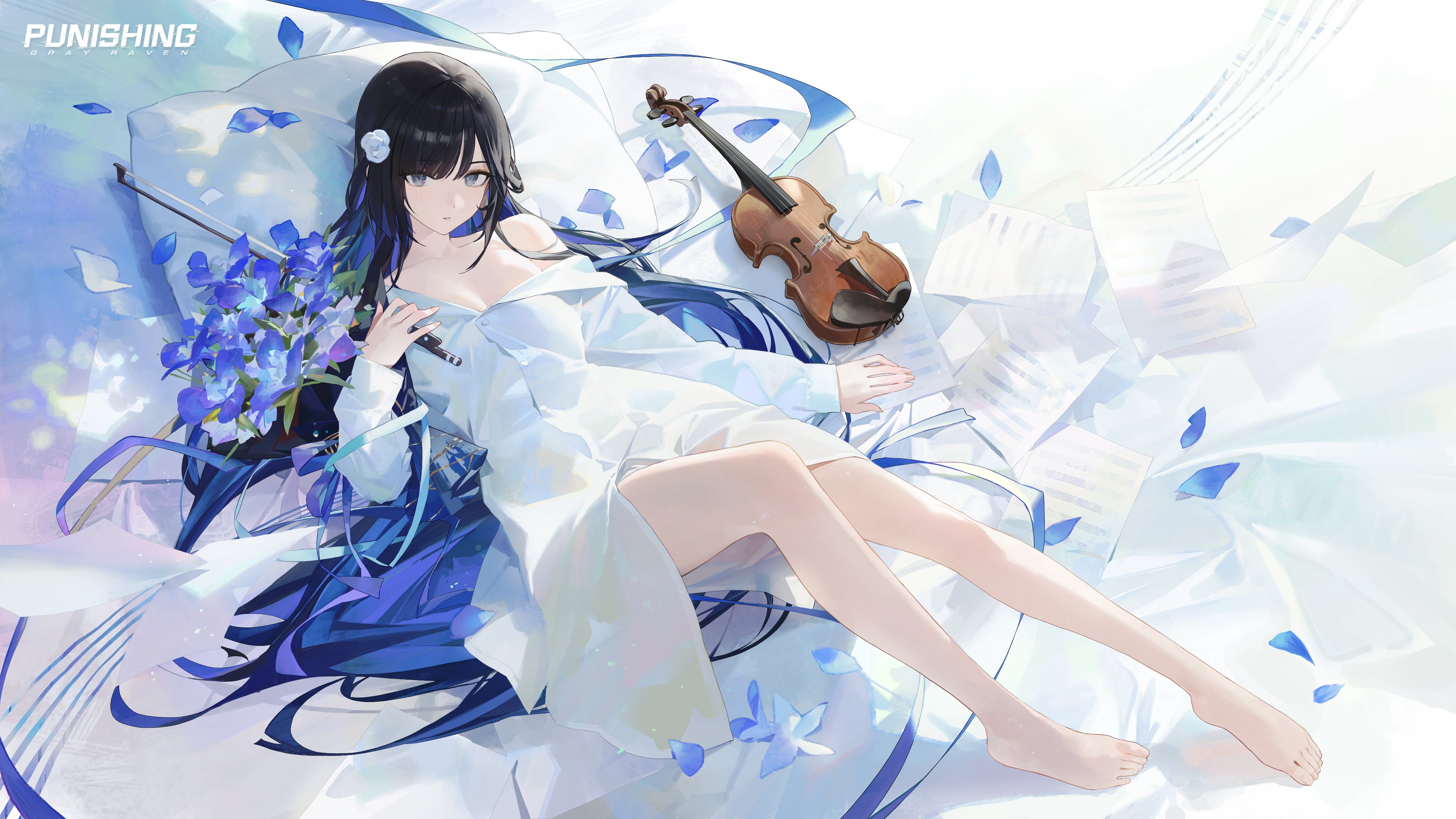 selena (pgr), punishing: gray raven, absurdres, commentary, english commentary, highres, official art, 1girl, barefoot, black hair, blue flower, blue hair, blue petals, bow (music), breasts, buttons, colored inner hair, copyright name, feet, flower, flower on head, holding, holding bow (music), instrument, iris (flower), leg up, long hair, looking at viewer, lying, multicolored hair, on back, parted lips, pillow, sheet music, shirt, single bare shoulder, single off shoulder, small breasts, solo, swept bangs, very long hair, violin, white flower, white petals, white shirt