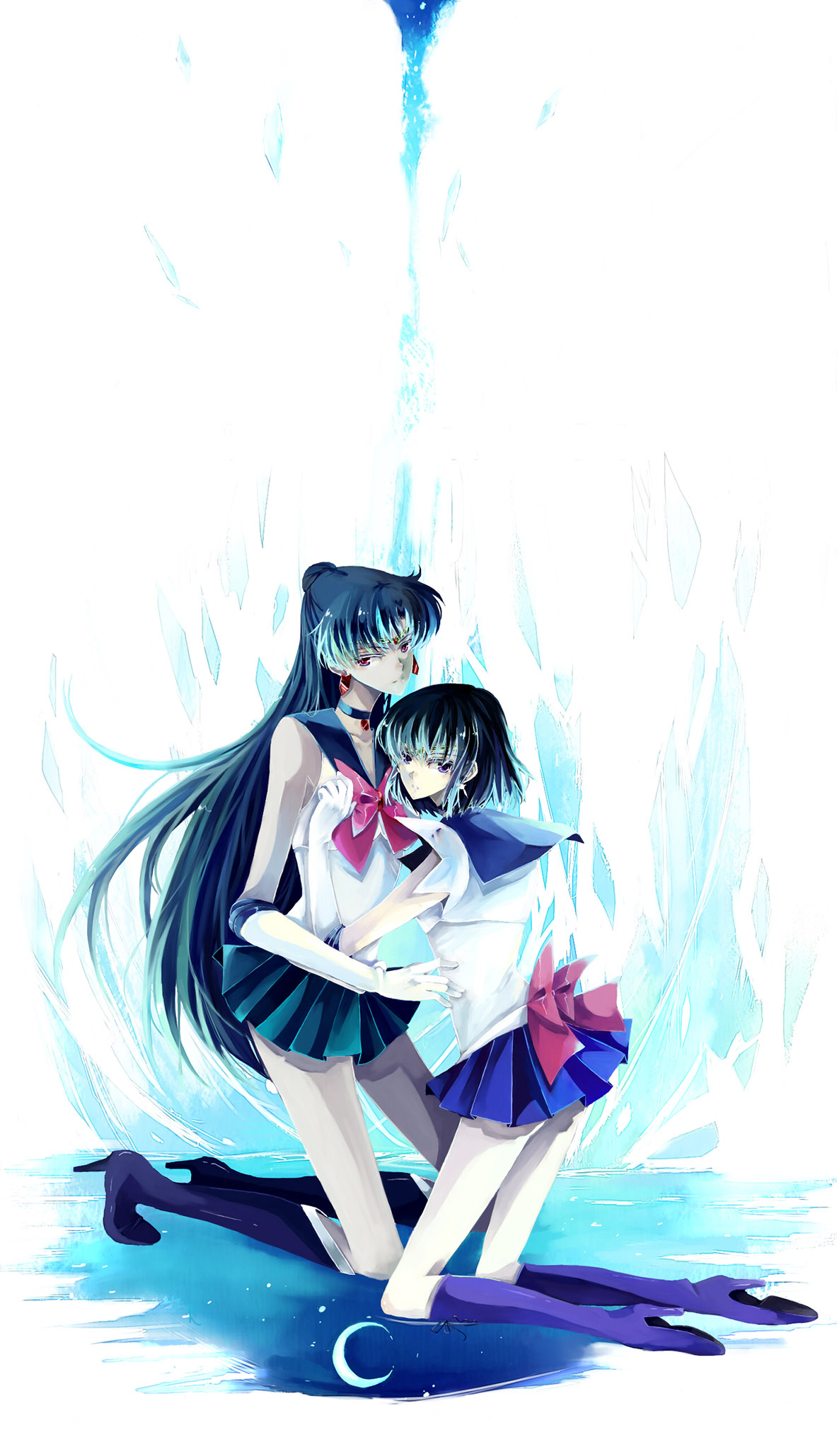 nako, nako (nonrain), meiou setsuna, sailor pluto, sailor saturn, tomoe hotaru, bishoujo senshi sailor moon, black neckwear, purple footwear, bad id, bad pixiv id, highres, 1990s (style), 2girls, boots, bow, choker, crescent moon, half updo, high heels, knee boots, kneeling, magical girl, moon, multiple girls, outer senshi, purple skirt, red bow, shoes, skirt