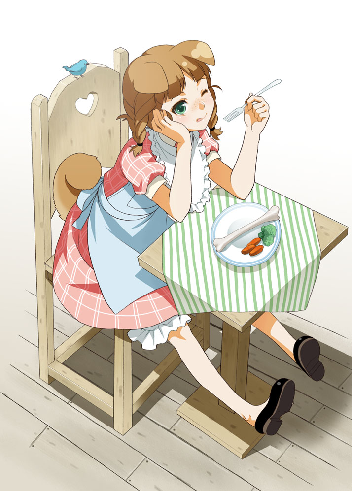 mattaku mousuke, original, bad id, bad pixiv id, 1girl, :q, ;q, animal ears, bird, bone, braid, brown hair, carrot, dog ears, dog tail, eating, female focus, fork, freckles, green eyes, one eye closed, short hair, solo, table, tail, tongue, tongue out, twin braids, wink