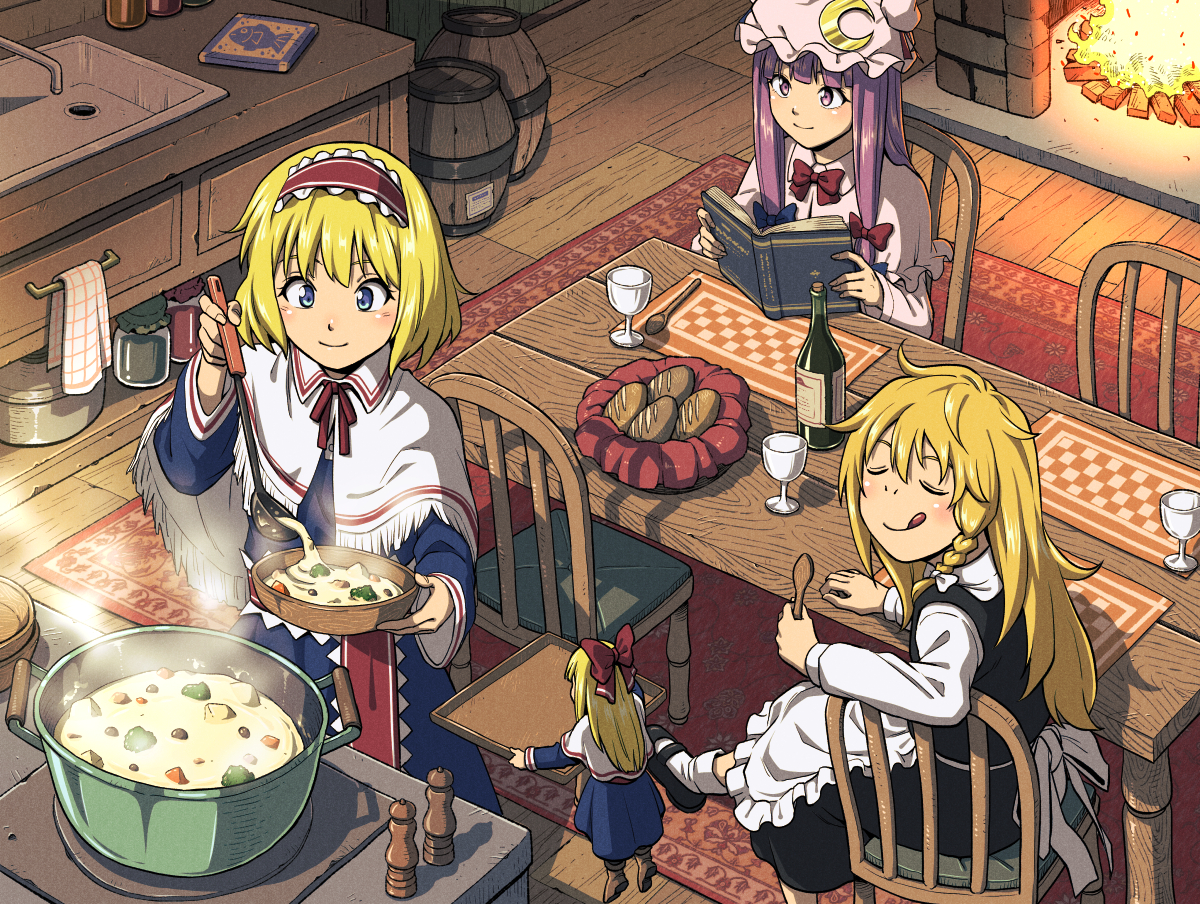 inuno rakugaki, alice margatroid, kirisame marisa, patchouli knowledge, shanghai doll, touhou, commentary request, 3girls, :q, apron, back bow, barrel, black shoes, black skirt, black vest, blonde hair, blue bow, blue dress, blue eyes, book, bottle, bow, bowtie, braid, bread, capelet, chair, closed eyes, closed mouth, cooking pot, crescent, crescent hat ornament, cup, dress, drinking glass, fireplace, food, frilled hairband, frills, fringe-trimmed capelet, fringe trim, hair bow, hairband, hat, hat ornament, holding, holding book, holding ladle, holding spoon, indoors, jar, ladle, lolita hairband, long sleeves, mary janes, multiple girls, no headwear, on chair, open book, pink dress, pink hat, purple eyes, purple hair, red bow, red bowtie, red carpet, red hairband, shoes, side braid, single braid, sitting, skirt, smile, socks, spoon, steam, stew, table, tongue, tongue out, vest, waist apron, white apron, white bow, white capelet, white socks