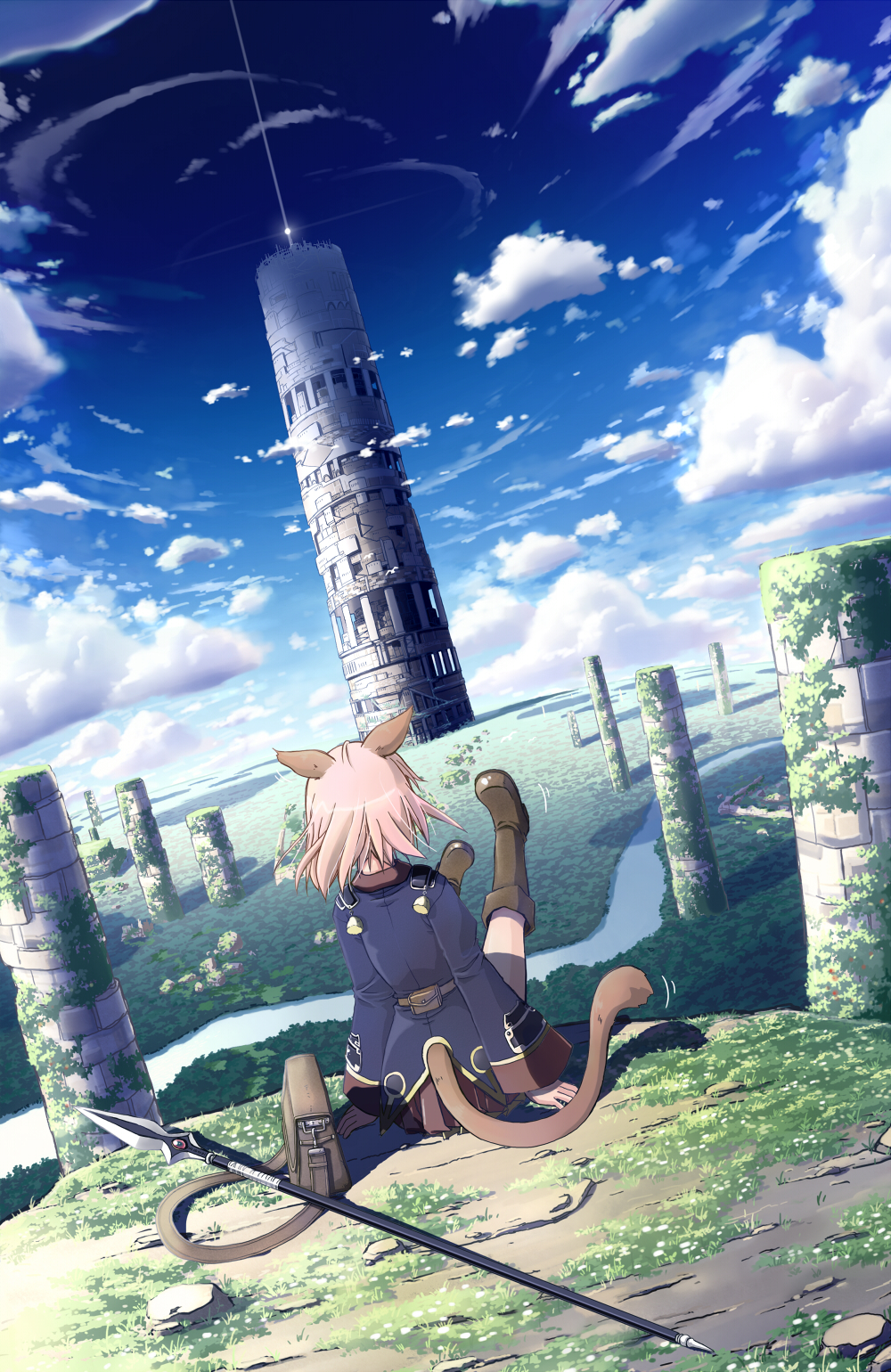 mochizuki saku, original, highres, 1girl, animal ears, bag, boots, cloud, day, female focus, grand scale, jungle, landscape, megastructure, military, military uniform, nature, polearm, river, satchel, scenery, sitting, sky, solo, spear, tail, tower, weapon