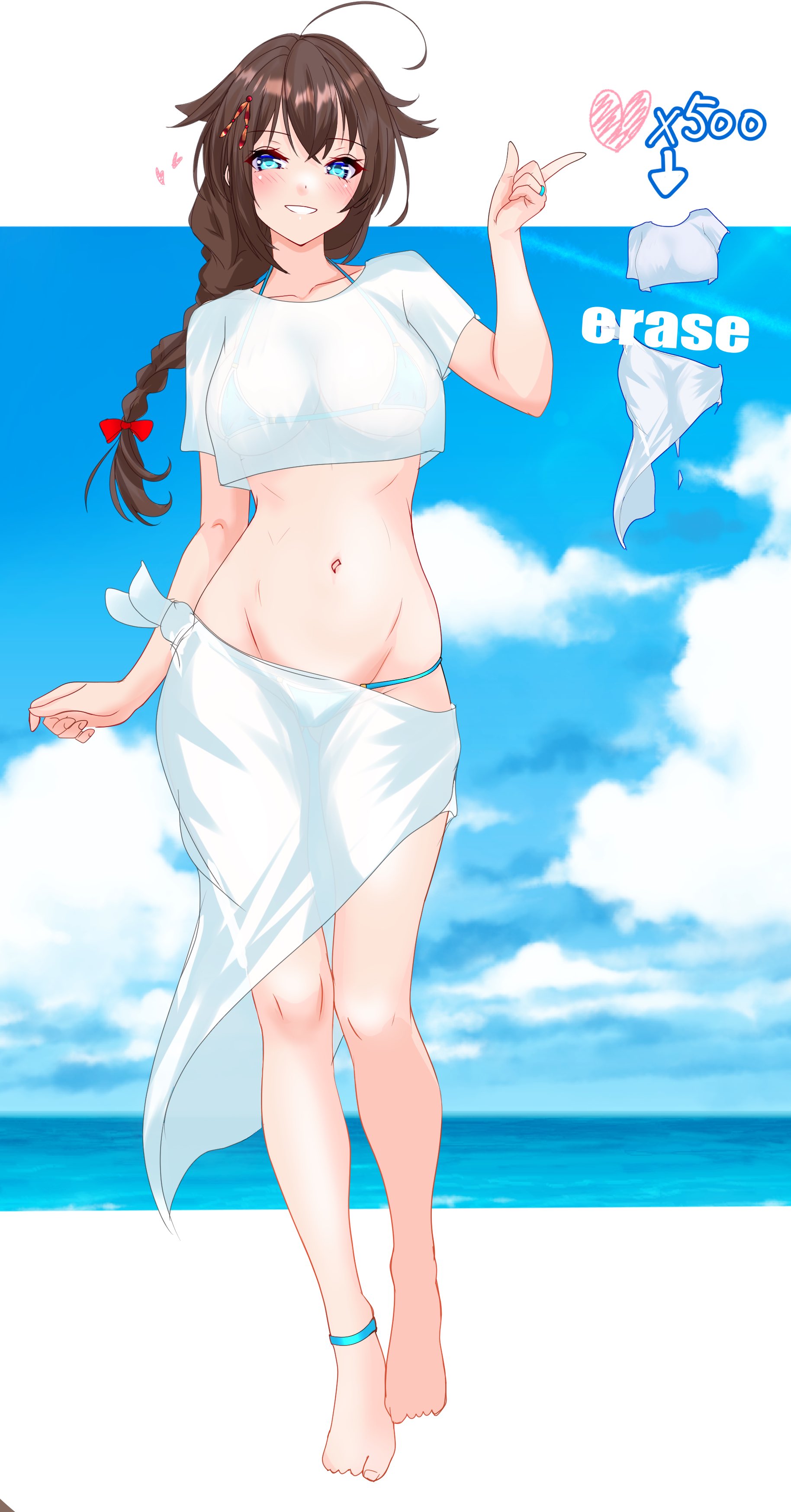 nitamako (sakamalh), shigure (kancolle), shigure kai san (kancolle), kantai collection, absurdres, commentary request, highres, 1girl, ahoge, barefoot, bikini, bikini under clothes, blue bikini, blue eyes, blue sky, braid, breasts, brown hair, cloud, full body, hair flaps, horizon, large breasts, long hair, looking at viewer, lowleg, lowleg bikini, ocean, sarong, see-through clothes, see-through sarong, see-through shirt, shirt, single braid, sky, solo, swimsuit, t-shirt, twitter strip game, white sarong, white shirt