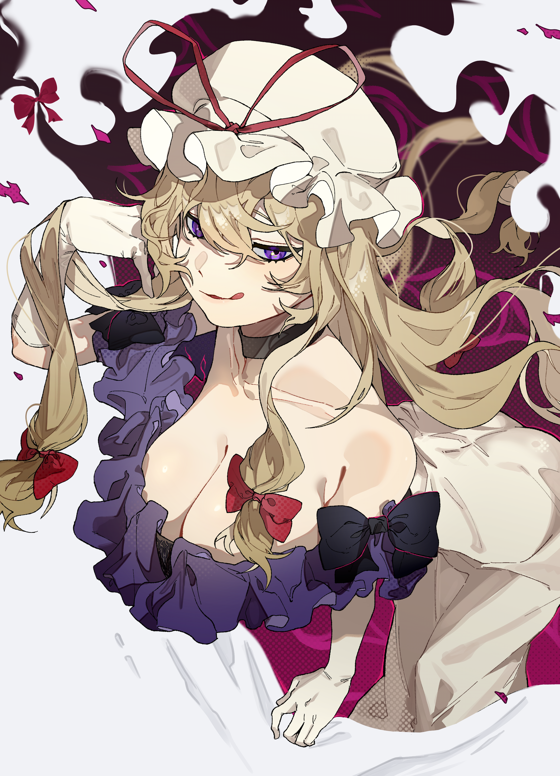 shimiya jin, yakumo yukari, touhou, absurdres, commentary, highres, 1girl, :q, alternate costume, black choker, blonde hair, bow, breasts, choker, cleavage, collarbone, dress, gap (touhou), gloves, hair bow, hat, hat ribbon, large breasts, long hair, looking at viewer, mob cap, purple eyes, red bow, red ribbon, ribbon, smile, solo, tongue, tongue out, very long hair, white dress, white gloves, white hat