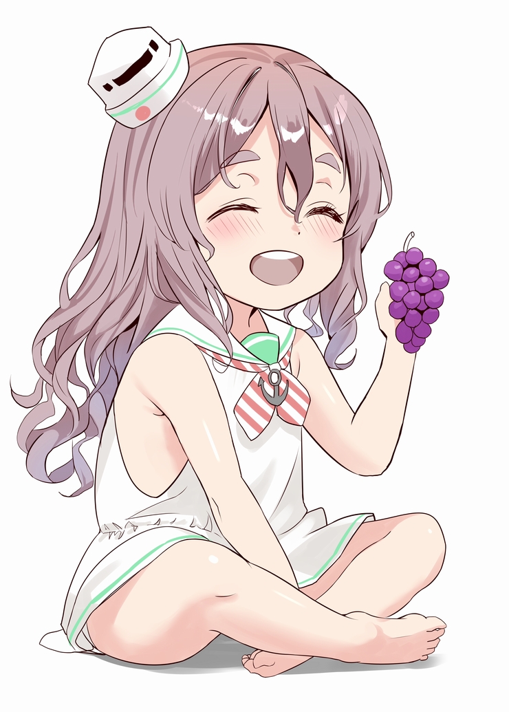 sakurai nana (moshichi), libeccio (kancolle), pola (kancolle), kantai collection, commentary request, 1girl, aged down, barefoot, closed eyes, cosplay, diagonal-striped clothes, diagonal-striped neckerchief, dress, food, fruit, grapes, grey hair, hat, indian style, libeccio (kancolle) (cosplay), long hair, neckerchief, open mouth, round teeth, sailor collar, sailor dress, sitting, sleeveless, sleeveless dress, smile, solo, striped clothes, striped neckerchief, teeth, thick eyebrows, upper teeth only, white dress, white hat, white sailor collar