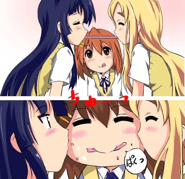 t2, akiyama mio, hirasawa yui, kotobuki tsumugi, k-on!, 00s, 2koma, 3girls, :q, = =, blush, candy, closed eyes, comic, eating, food, girl sandwich, kiss, kissing cheek, long hair, multiple girls, pocky, pocky kiss, pocky strawberry, sandwiched, school uniform, shared food, short hair, smile, surprised, thick eyebrows, tongue, tongue out, yuri