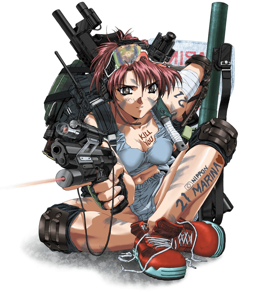 artist request, source request, 1girl, assault rifle, backpack, bag, bodypaint, boxers, breasts, bullet, cleavage, elbow pads, female focus, fingerless gloves, flashlight, full body, gloves, goggles, grey eyes, gun, handgun, headphones, headset, holding, holding gun, holding weapon, knee pads, knife, laces, laser, laser pointer projection, laser sight, m1 bazooka, male underwear, medium breasts, midriff, no socks, p99, pistol, radio, randoseru, red hair, rifle, rocket launcher, semi-automatic pistol, shirt, shoes, short hair, simple background, sitting, sneakers, solo, tacticool, tank top, tied shirt, trigger discipline, underwear, vertical forward grip, weapon