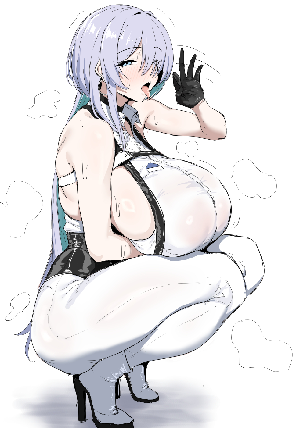 sochin douji, brid (nikke), brid (silent track) (nikke), goddess of victory: nikke, commentary, highres, 1girl, ankle boots, backless shirt, bare shoulders, black choker, black corset, blue eyes, blush, boots, breasts, chest harness, choker, collared shirt, colored inner hair, corset, earrings, fellatio gesture, floating earrings, full body, gloves, green hair, grey hair, hair between eyes, hair down, hair over one eye, hand up, harness, high heel boots, high heels, huge breasts, jewelry, long hair, looking at viewer, multicolored hair, official alternate costume, official alternate hairstyle, open mouth, pants, shadow, shirt, sideboob, sideless shirt, sidelocks, sleeveless, sleeveless shirt, solo, squatting, steaming body, sweat, tight clothes, tight pants, tongue, tongue out, two-tone hair, white boots, white pants, white shirt