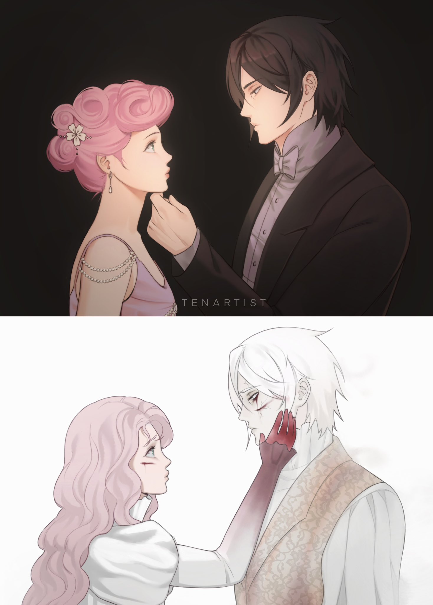 tenartistt, haruno sakura, uchiha sasuke, naruto (series), commentary, english commentary, highres, 1boy, 1girl, alternate costume, alternate hairstyle, artist name, black background, black eyes, black hair, black jacket, blazer, blood, blood on cheek, blood on clothes, blood on hands, bloody tears, bow, bowtie, closed mouth, collar, collared shirt, couple, cracked skin, dress, earrings, eye contact, eyelashes, flower, frilled collar, frilled sleeves, frills, from side, gem, green eyes, hair bun, hair flower, hair ornament, half-closed eyes, hand on another's cheek, hand on another's chin, hand on another's face, height, hetero, jacket, jewelry, juliet sleeves, long hair, long sleeves, looking at another, pale color, pearl (gemstone), pink dress, pink hair, profile, puffy long sleeves, puffy sleeves, raised inner eyebrows, sad, shirt, shoulder necklace, spaghetti strap, stroking another's chin, teardrop earrings, triple bun, upper body, vest, victorian, wavy hair, white background, white dress, white eyes, white hair, white shirt, white vest