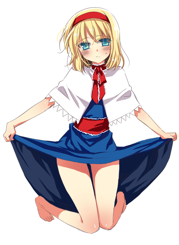 manle, alice margatroid, touhou, bad id, bad pixiv id, 1girl, barefoot, blonde hair, blue eyes, blush, clothes lift, curtsey, feet, female focus, hairband, red ribbon, ribbon, short hair, skirt, skirt hold, skirt lift, solo, thighs