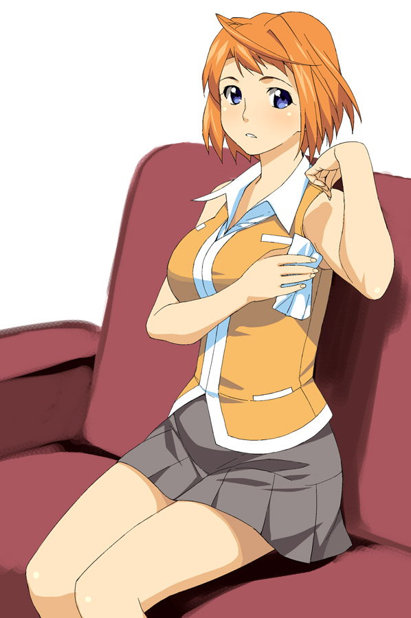 a1 (initial-g), tokiha mai, my-hime, 00s, 1girl, bare shoulders, blue eyes, chair, couch, female focus, orange hair, orange shirt, shirt, short hair, sitting, skirt, solo