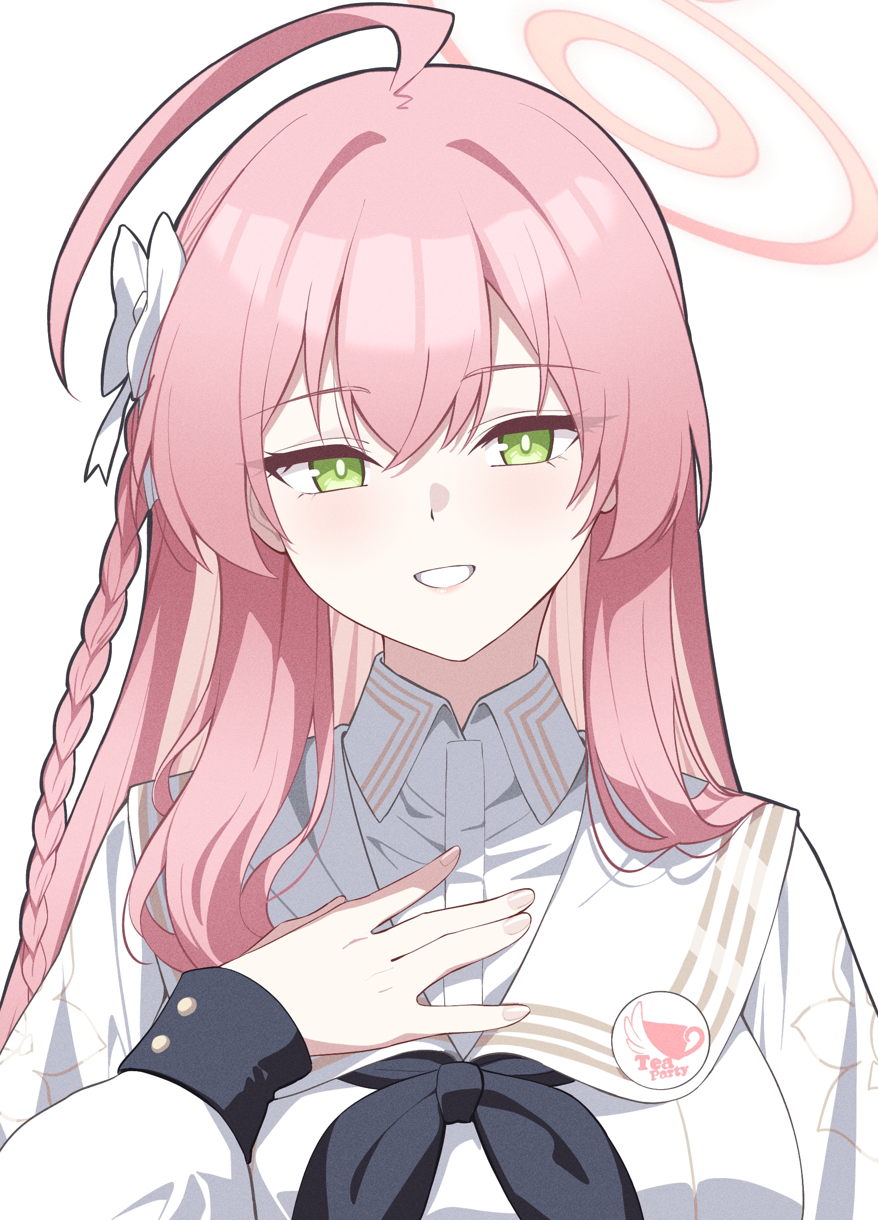 reia 76, hanako (blue archive), nagisa (blue archive), blue archive, commentary request, highres, 1girl, ahoge, black neckerchief, bow, braid, cosplay, dress, green eyes, hair between eyes, hair bow, halo, hand on own chest, huge ahoge, long hair, looking at viewer, nagisa (blue archive) (cosplay), neckerchief, pink hair, pink halo, sailor collar, single braid, smile, solo, white background, white dress, white sailor collar