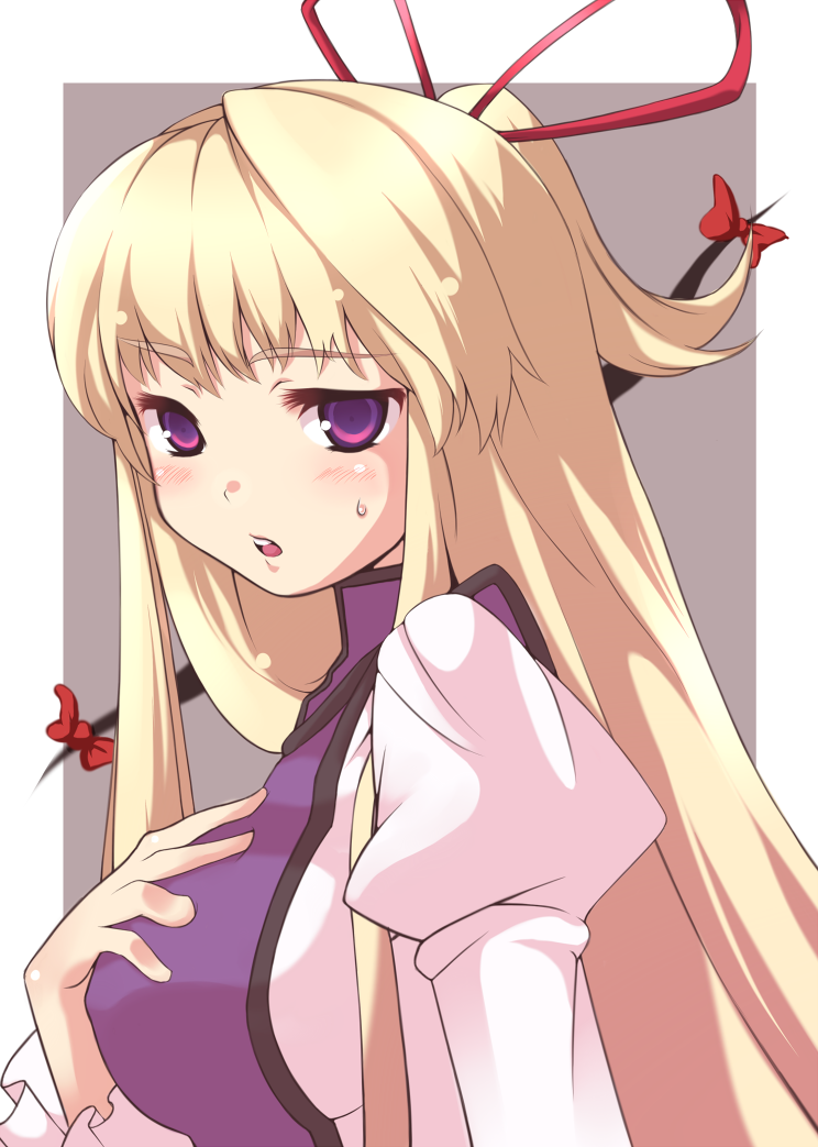 akeboshi kagayo, yakumo yukari, touhou, eyebrows, bad id, bad pixiv id, 1girl, alternate hairstyle, blonde hair, blush, female focus, gap (touhou), hair ribbon, hand on another's chest, hand on own chest, long hair, no headwear, open mouth, ponytail, purple eyes, ribbon, simple background, solo, sweatdrop, upper body