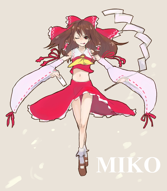 im (inuboe), im (pixiv504800), hakurei reimu, touhou, bad id, bad pixiv id, 1girl, :p, brown hair, detached sleeves, female focus, full body, gohei, japanese clothes, legs, midriff, miko, navel, ofuda, one eye closed, simple background, skirt, solo, tongue, tongue out, wink