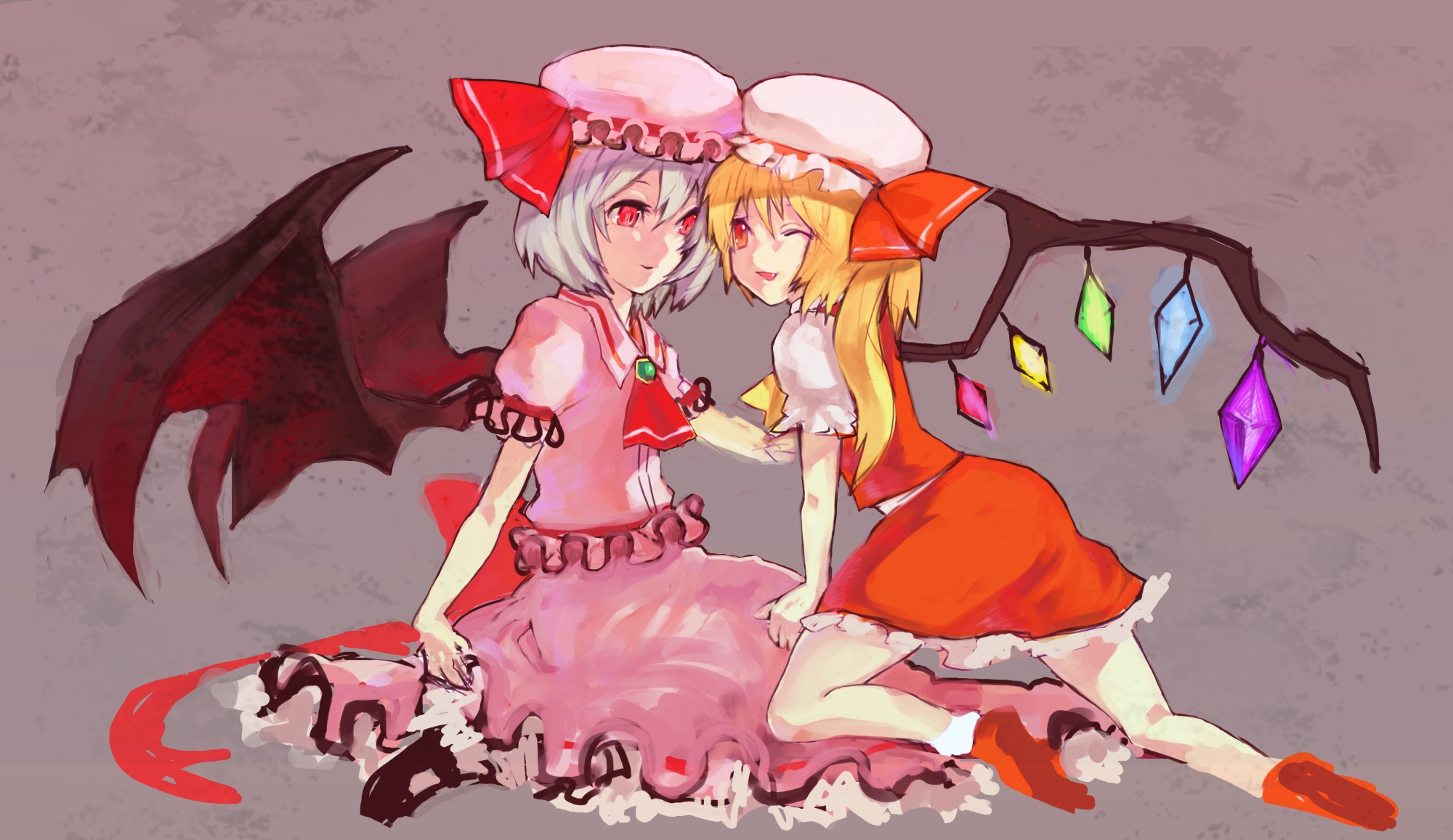 im (inuboe), im (pixiv504800), flandre scarlet, remilia scarlet, touhou, bad id, bad pixiv id, highres, 2girls, brown background, female focus, hat, multiple girls, siblings, sisters, wings