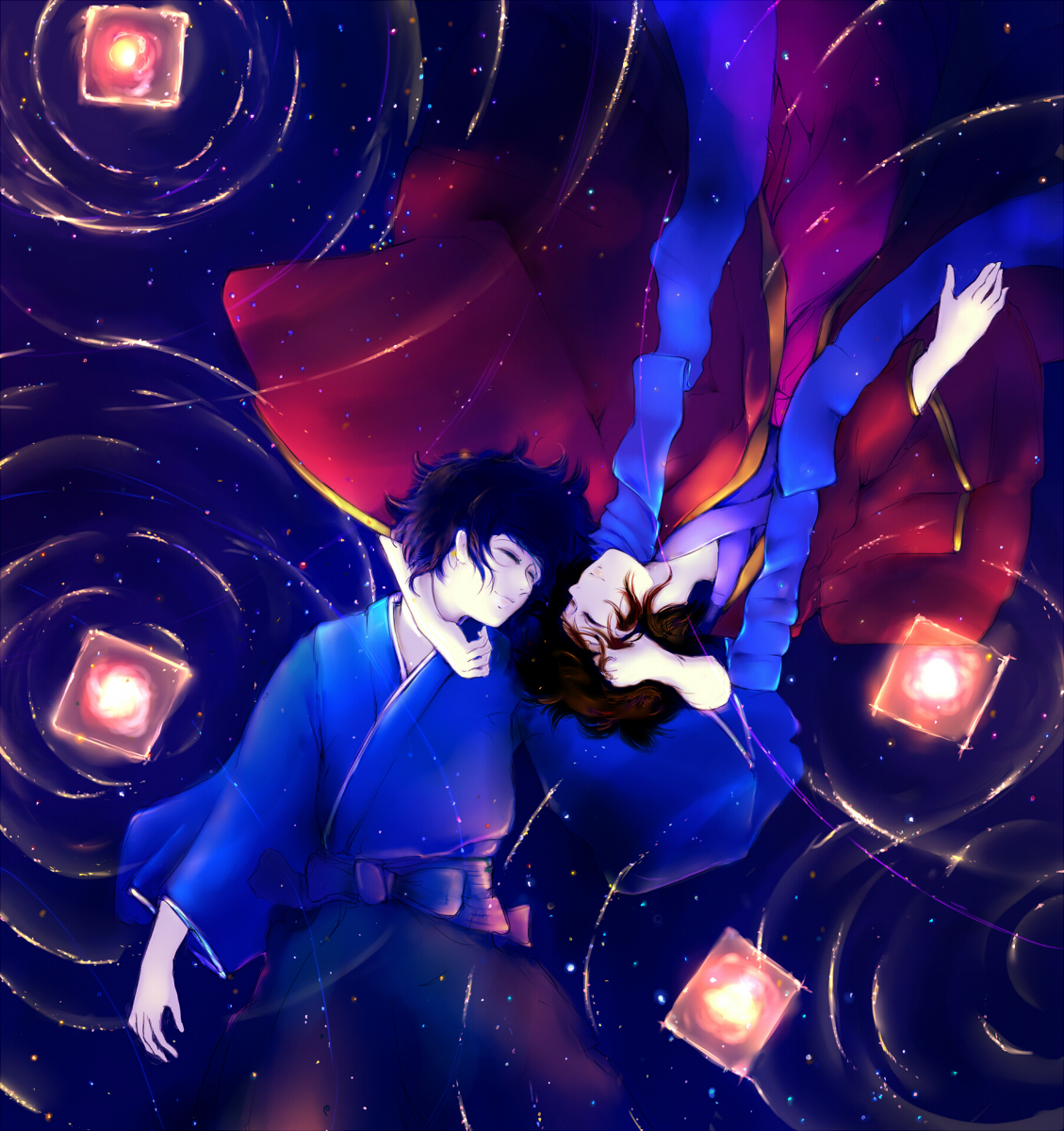 konpasu, kaito (vocaloid), meiko (vocaloid), vocaloid, highres, blue hair, brown hair, closed eyes, from above, hakama, hakama skirt, hand in own hair, hand on another's head, hug, japanese clothes, kimono, lantern, lantern on liquid, lying, paper lantern, reflection, ripples, rotational symmetry, short hair, skirt, star (sky), water