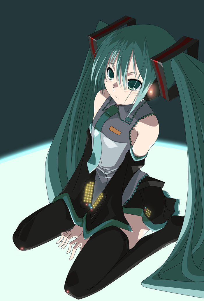 tomcat, hatsune miku, vocaloid, 1girl, aqua eyes, aqua hair, female focus, headphones, long hair, necktie, sitting, skirt, solo, thighhighs, twintails, wariza, zettai ryouiki