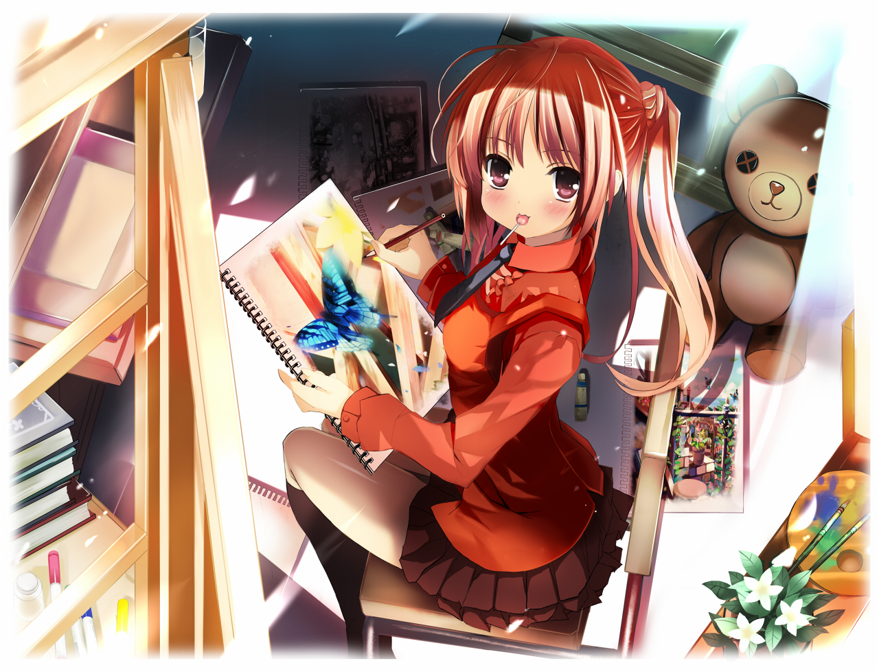 shino (eefy), original, drawing, md5 mismatch, 1girl, art brush, blush, bug, butterfly, candy, chair, female focus, food, insect, lollipop, paint palette, paintbrush, red eyes, red hair, sitting, sketchbook, solo, stuffed animal, stuffed toy, twintails