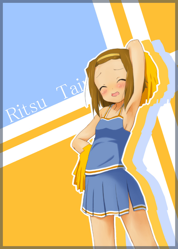 agenasu, tainaka ritsu, k-on!, 00s, 1girl, armpits, blush, brown hair, cheerleader, closed eyes, female focus, hairband, pom pom (cheerleading), solo