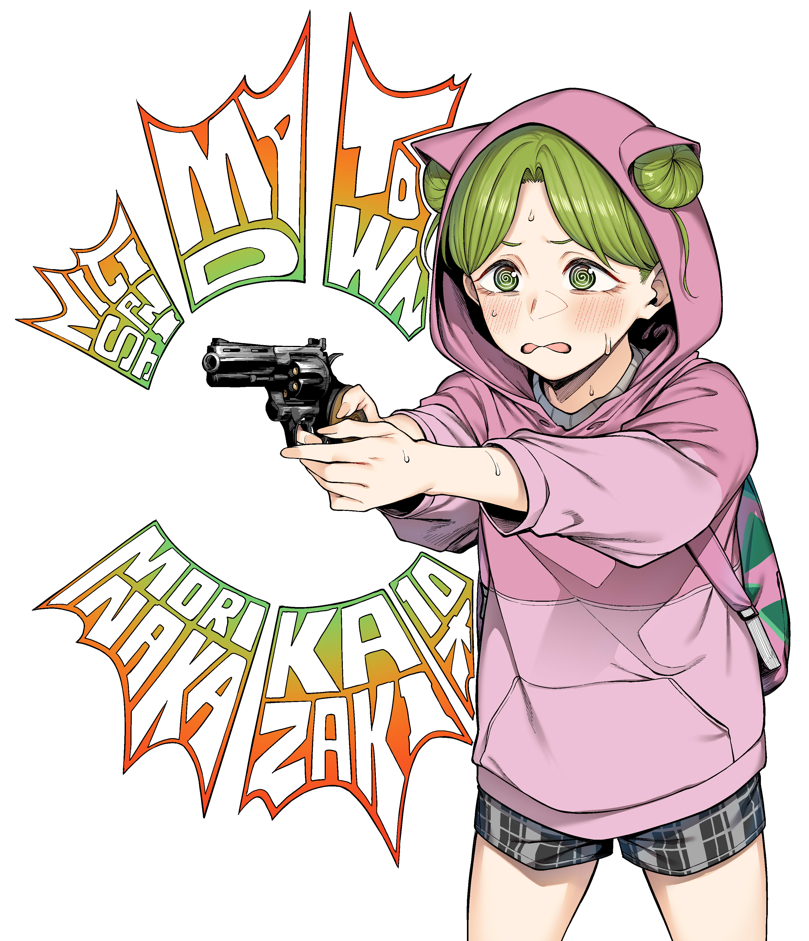 spirytus tarou, morinaka kazaki, madtown gta, nijisanji, absurdres, commentary request, highres, 1girl, @ @, aiming, backpack, bag, blush, character name, copyright name, cowboy shot, finger on trigger, grey hair, gun, handgun, holding, holding gun, holding weapon, hood, hoodie, long sleeves, plaid clothes, plaid shorts, revolver, short hair, shorts, solo, standing, sweat, virtual youtuber, weapon, white background