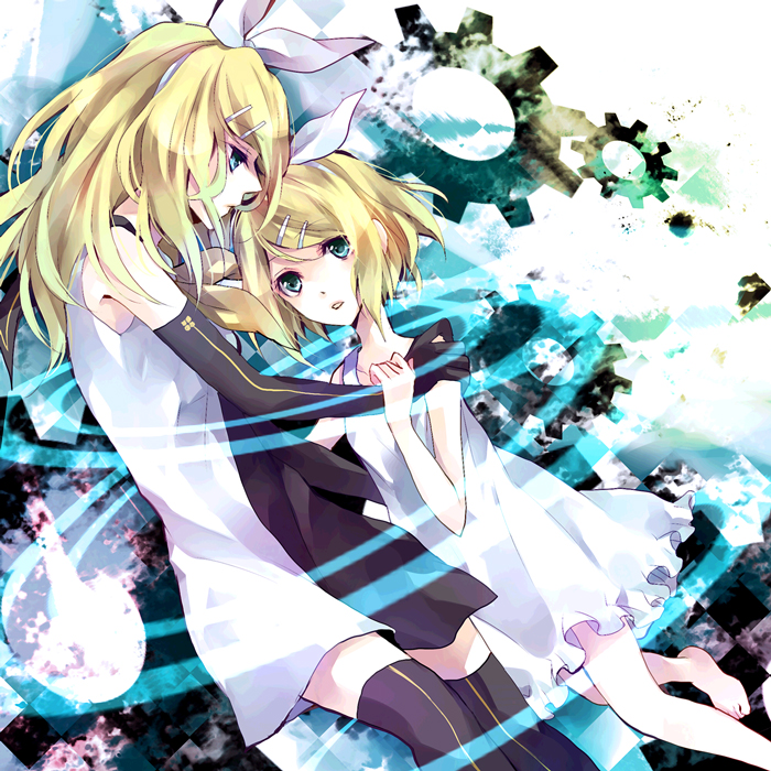 yuzuki karu, kagamine rin, kagamine rin (roshin yuukai), roshin yuukai (vocaloid), vocaloid, bad id, bad pixiv id, 2girls, blonde hair, blue eyes, dual persona, multiple girls, nightgown, short hair, thighhighs