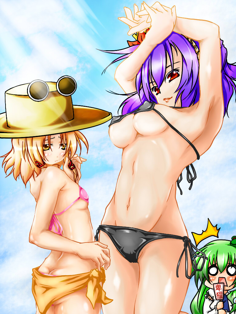 harushioto, haruyonoto, kochiya sanae, moriya suwako, yasaka kanako, touhou, 3girls, ass, bad anatomy, bikini, blonde hair, blush, breasts, female focus, flat chest, gradient background, green hair, hat, long hair, micro bikini, multiple girls, outdoors, poorly drawn, purple hair, red eyes, short hair, side-tie bikini bottom, skirt, sky, swimsuit, underboob, yellow eyes