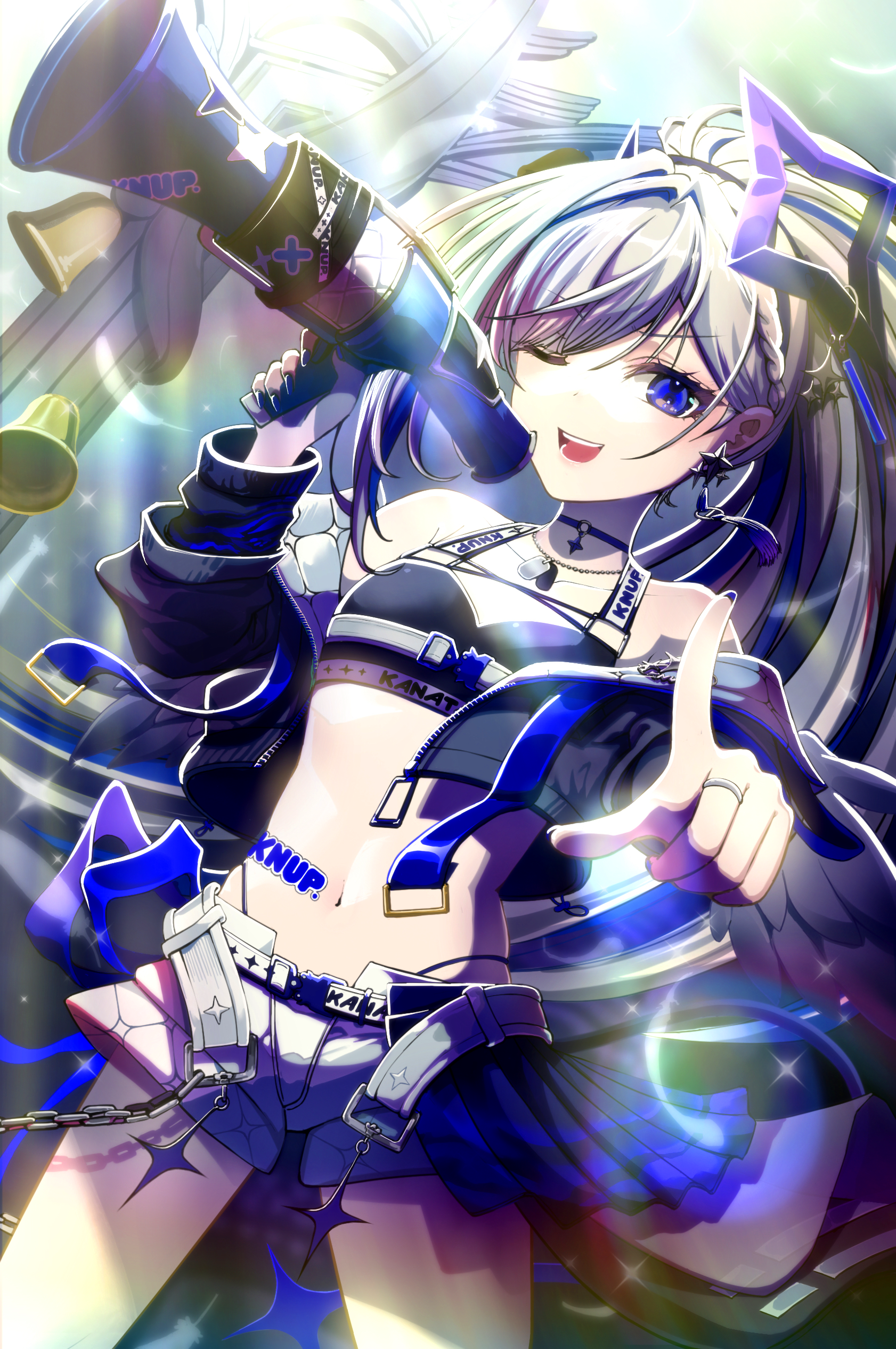 ogata sai, amane kanata, amane kanata (lock on), hololive, absurdres, commentary request, highres, 1girl, belt, black choker, black sports bra, blush, braid, breasts, choker, collarbone, colored inner hair, earrings, grey hair, hair between eyes, hair ornament, halo, holding, holding megaphone, jewelry, long hair, looking at viewer, megaphone, multicolored hair, multicolored nails, nail art, nail polish, navel, official alternate costume, official alternate hair length, official alternate hairstyle, one eye closed, open mouth, pink streaks, ponytail, purple eyes, purple hair, purple nails, ring, shirt, single hair intake, small breasts, smile, solo, sports bra, star halo, sticker on stomach, streaked hair, virtual youtuber