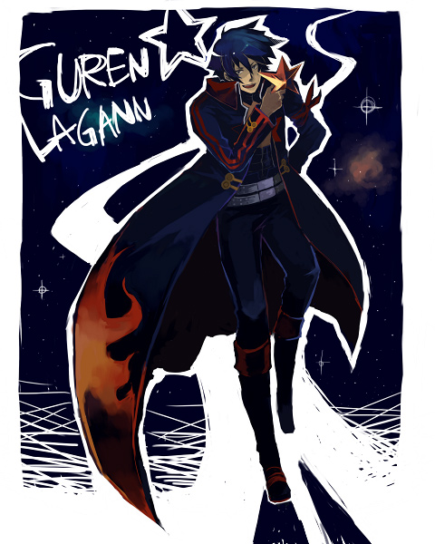 hanokage, kamina (ttgl), simon (ttgl), tengen toppa gurren lagann, 00s, 1boy, blue hair, cape, full body, male focus, solo