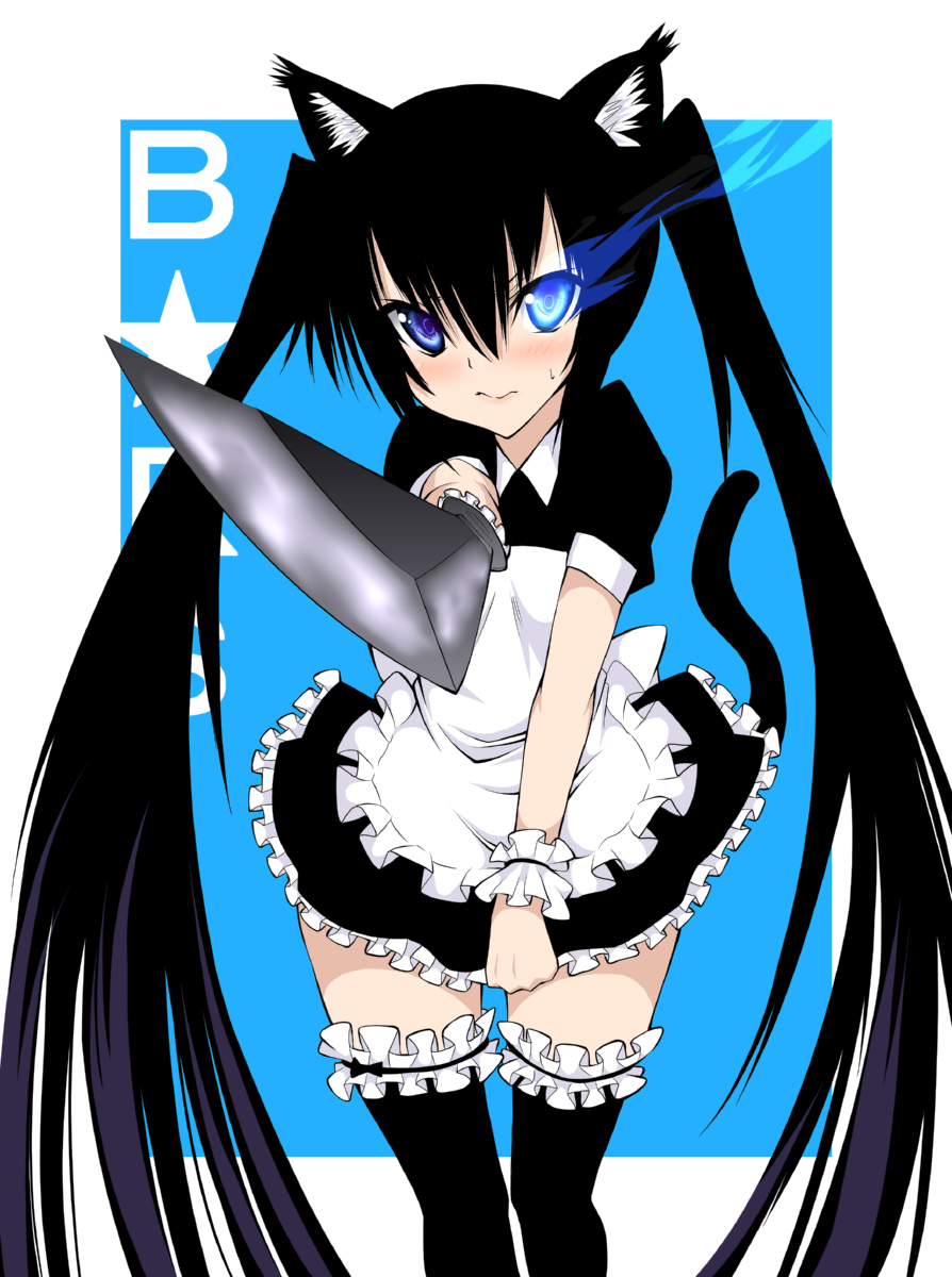 daive, black rock shooter (character), nakano azusa, black rock shooter, k-on!, bad id, bad pixiv id, highres, 00s, 10s, 1girl, alternate costume, animal ears, apron, black hair, blue eyes, blush, cat ears, cat tail, embarrassed, enmaided, female focus, glowing, glowing eyes, long hair, maid, maid apron, solo, sweatdrop, sword, tail, thighhighs, twintails, very long hair, weapon, wrist cuffs