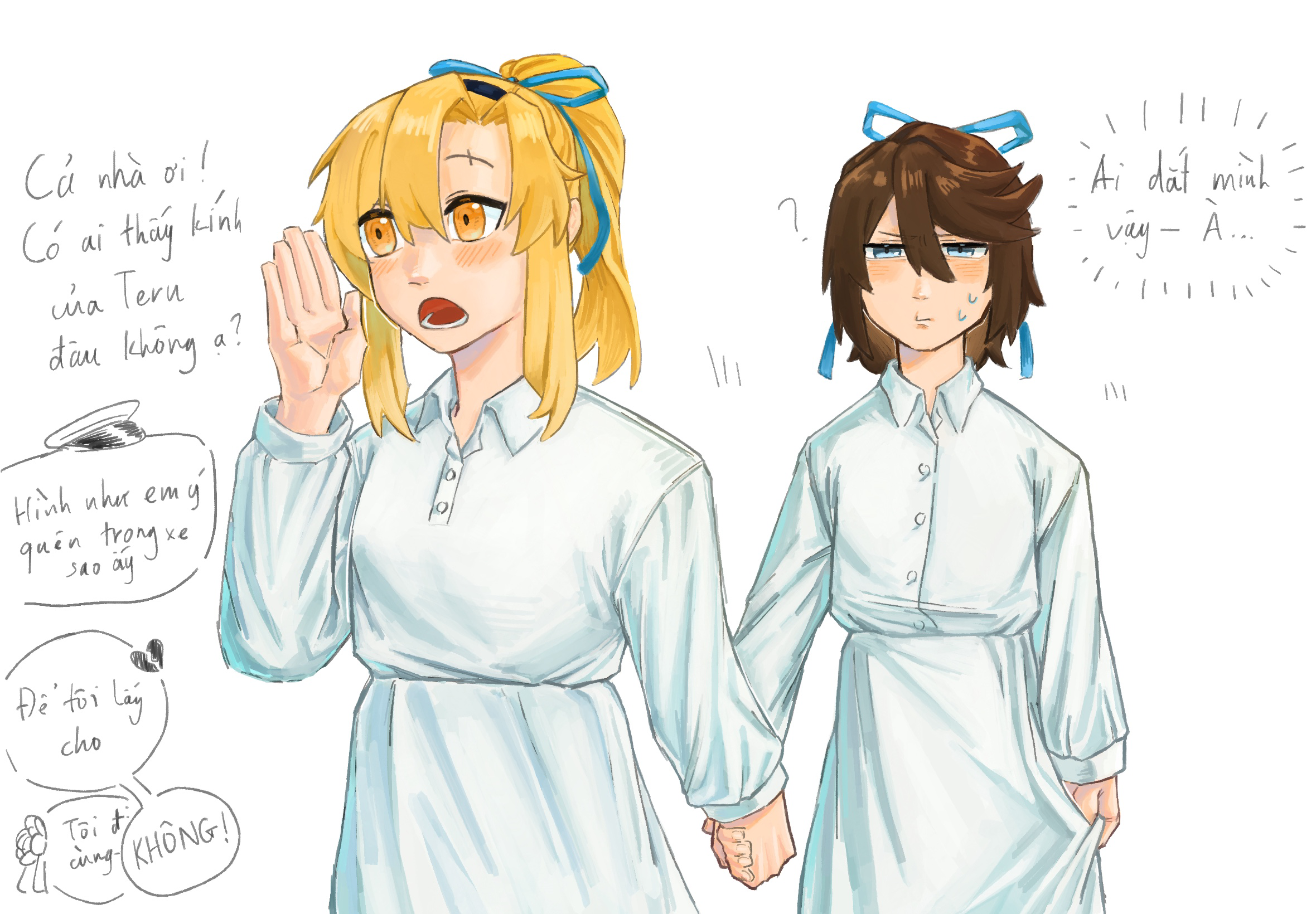 gmeg011, koishikawa iko, momijiyama teru, shy (series), commentary, highres, symbol-only commentary, translation request, 2girls, ?, black hairband, blush, collared dress, dress, green ribbon, hair between eyes, hair ribbon, hairband, holding hands, long sleeves, lower teeth only, multiple girls, orange eyes, ribbon, simple background, sweat, teeth, white background, white dress