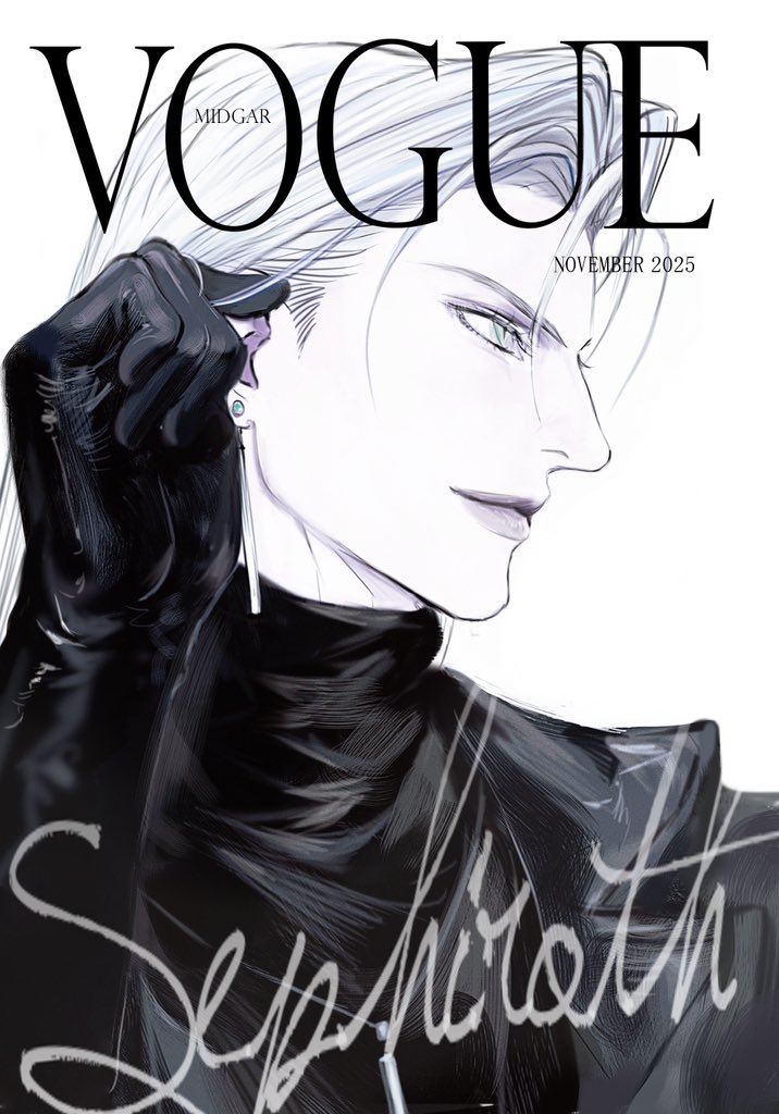 hayashishisou, sephiroth, final fantasy, final fantasy vii, vogue (magazine), chinese commentary, commentary request, 1boy, 2025, adjusting hair, alternate costume, alternate hairstyle, black coat, black gloves, black sweater, character name, closed mouth, coat, earrings, gloves, hair behind ear, jewelry, lips, long hair, looking to the side, male focus, november, pale skin, profile, single earring, slit pupils, solo, sweater, turtleneck, turtleneck sweater, upper body, white background, white hair