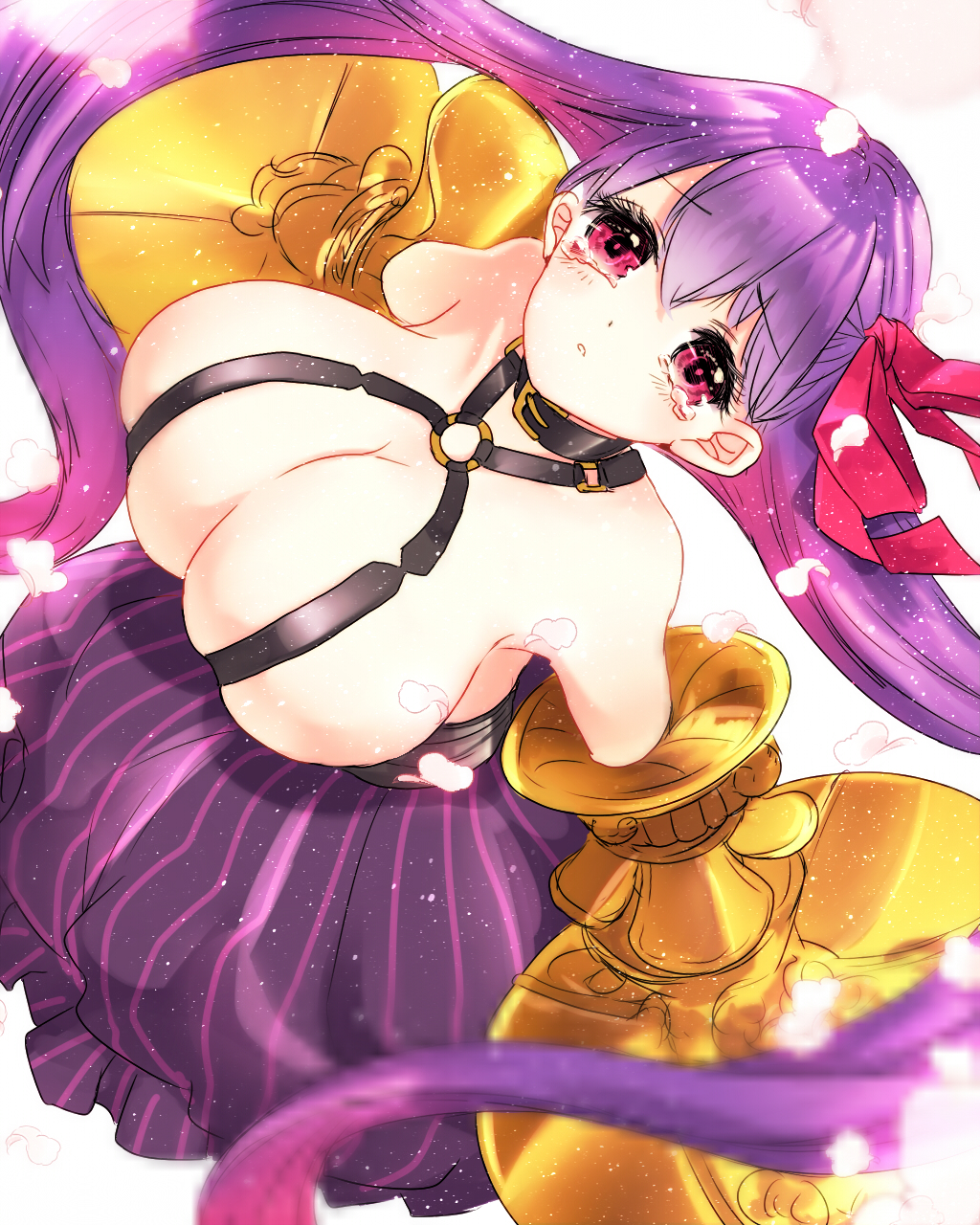 roku (ntbr fate), passionlip (fate), fate/extra, fate/extra ccc, fate (series), commentary request, highres, 1girl, bare shoulders, black collar, breasts, cleavage, collar, dutch angle, gauntlets, hair ribbon, huge breasts, long hair, looking at viewer, parted lips, petals, pink eyes, purple hair, purple skirt, red ribbon, revealing clothes, ribbon, skirt, solo, striped clothes, striped skirt, tearing up, vertical-striped clothes, vertical-striped skirt, very long hair, white background