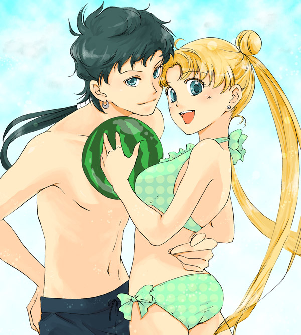 violetcoral, kou seiya, seiya kou, tsukino usagi, bishoujo senshi sailor moon, bishoujo senshi sailor moon sailor stars, bishoujo senshi sailor moon stars, bad id, bad pixiv id, 1990s (style), 1boy, 1girl, androgynous, ass, bikini, black hair, blonde hair, blue eyes, breasts, couple, double bun, food, fruit, genderswap, genderswap (ftm), hair bun, long hair, retro artstyle, short hair, shorts, swimsuit, watermelon