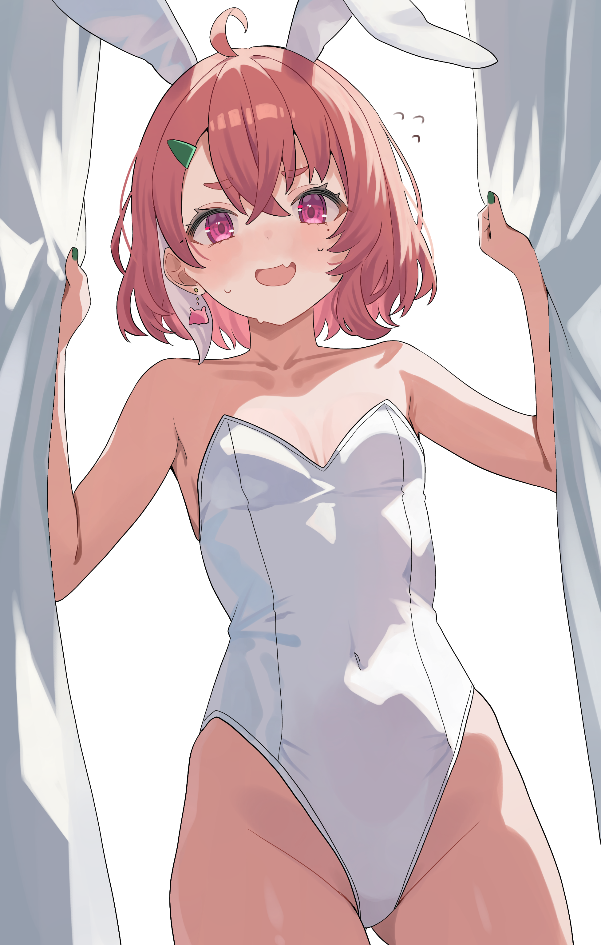 tillots, sasaki saku, nijisanji, absurdres, commentary request, highres, 1girl, ahoge, animal ear hairband, animal ears, breasts, covered navel, curtains, fake animal ears, fang, flying sweatdrops, hairband, leotard, looking at viewer, pink eyes, playboy bunny, rabbit ears, red hair, short hair, skin fang, small breasts, smile, solo, strapless, strapless leotard, virtual youtuber, white background, white leotard