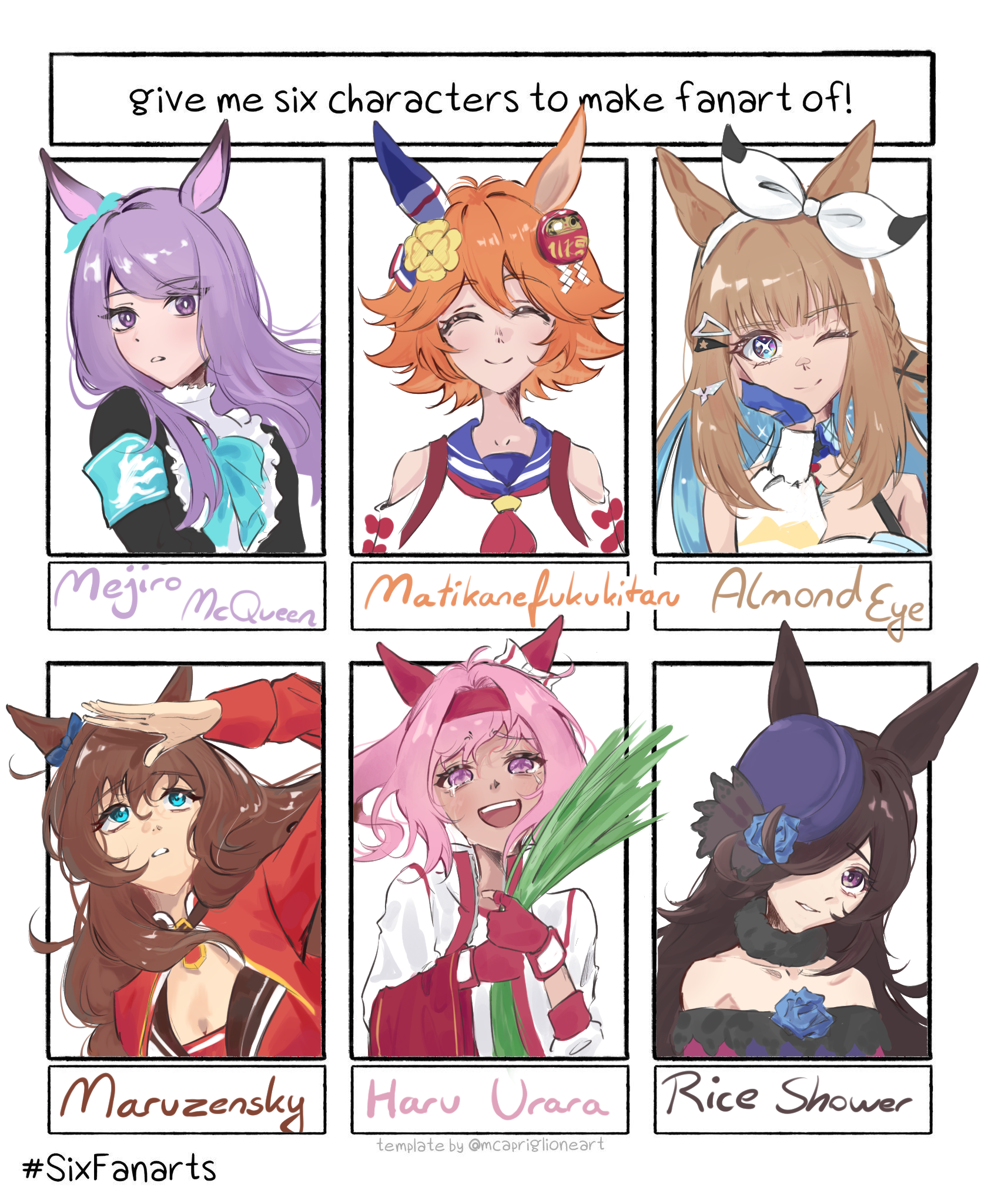 neyluse, almond eye (umamusume), haru urara (bestest prize) (umamusume), haru urara (umamusume), maruzensky (formula r) (umamusume), maruzensky (umamusume), matikanefukukitaru (rising fortune) (umamusume), matikanefukukitaru (umamusume), mejiro mcqueen (frontline elegance) (umamusume), mejiro mcqueen (umamusume), rice shower (rosy dreams) (umamusume), rice shower (umamusume), umamusume, commentary, english commentary, highres, + +, 6+girls, animal ears, bare shoulders, black dress, black hair, blue bow, blue eyes, blue flower, blue gloves, blue hair, blue sailor collar, bow, bow hairband, breasts, brown hair, cleavage, closed eyes, closed mouth, clothing cutout, collar, colored inner hair, dark-skinned female, dark skin, detached collar, dress, ear bow, ear covers, fingerless gloves, flower, gloves, hair between eyes, hair over one eye, hairband, hand on own face, hat, hat flower, holding grass, horse ears, horse girl, jacket, long hair, looking at viewer, looking up, multicolored hair, multiple girls, off-shoulder shirt, off shoulder, one eye closed, open mouth, orange hair, parted lips, pink hair, ponytail, purple eyes, purple hair, purple hat, purple shirt, red gloves, red jacket, red shirt, red sleeves, sailor collar, shading eyes, shirt, short hair, shoulder cutout, single ear cover, smile, two-tone hair, white collar, white hairband, white jacket, white shirt