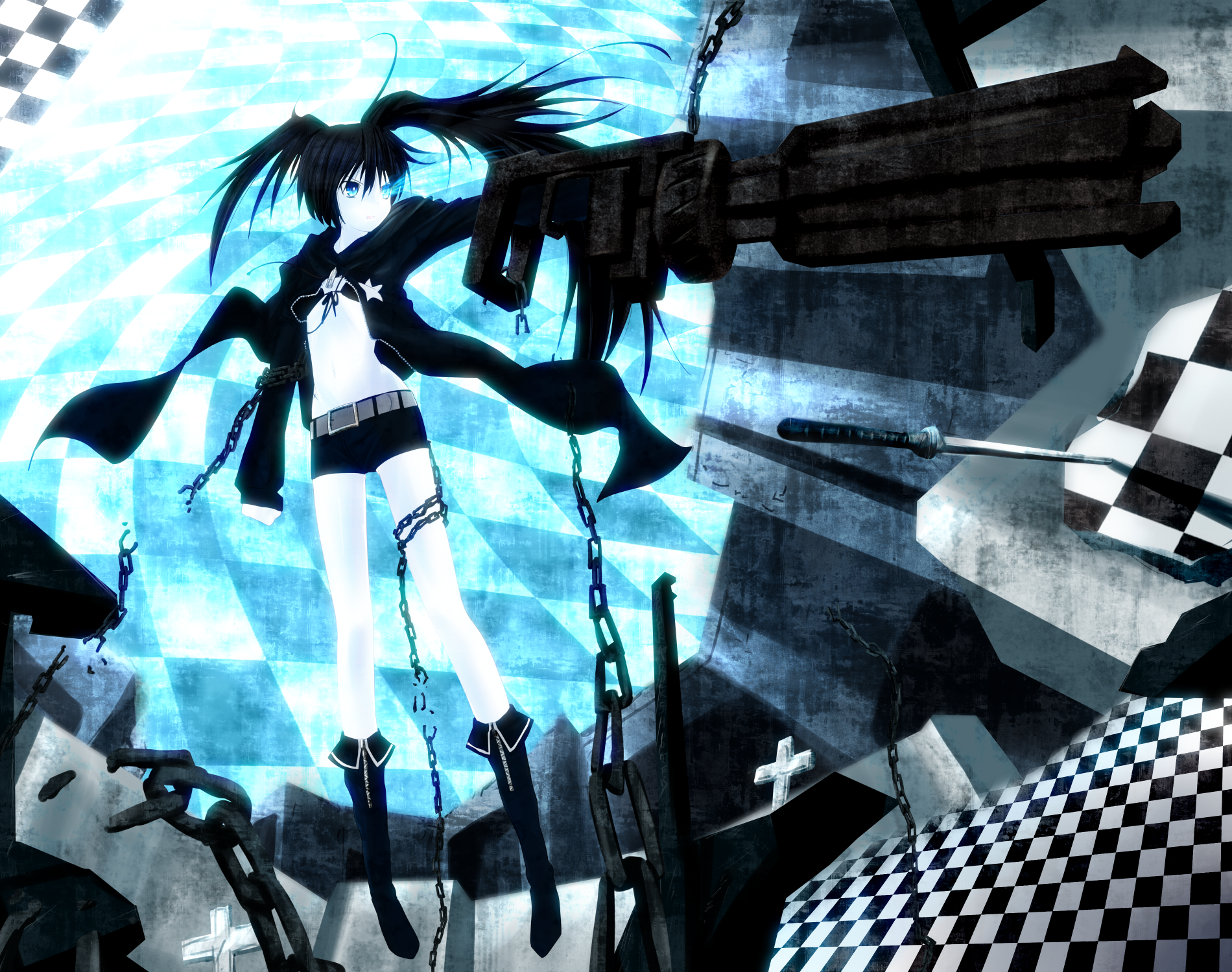 b.f, tyourou god, black rock shooter (character), black rock shooter, highres, 10s, 1girl, belt, bikini, bikini top only, black bikini, black hair, blue eyes, boots, cannon, chain, coat, female focus, flat chest, glowing, glowing eyes, gun, huge weapon, katana, long hair, long legs, midriff, navel, pale skin, solo, swimsuit, sword, twintails, uneven twintails, weapon