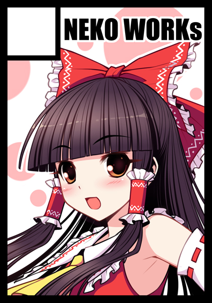 sayori (neko works), hakurei reimu, touhou, bad id, bad pixiv id, 1girl, black border, border, bow, brown eyes, brown hair, circle cut, detached sleeves, female focus, hime cut, japanese clothes, long hair, miko, solo