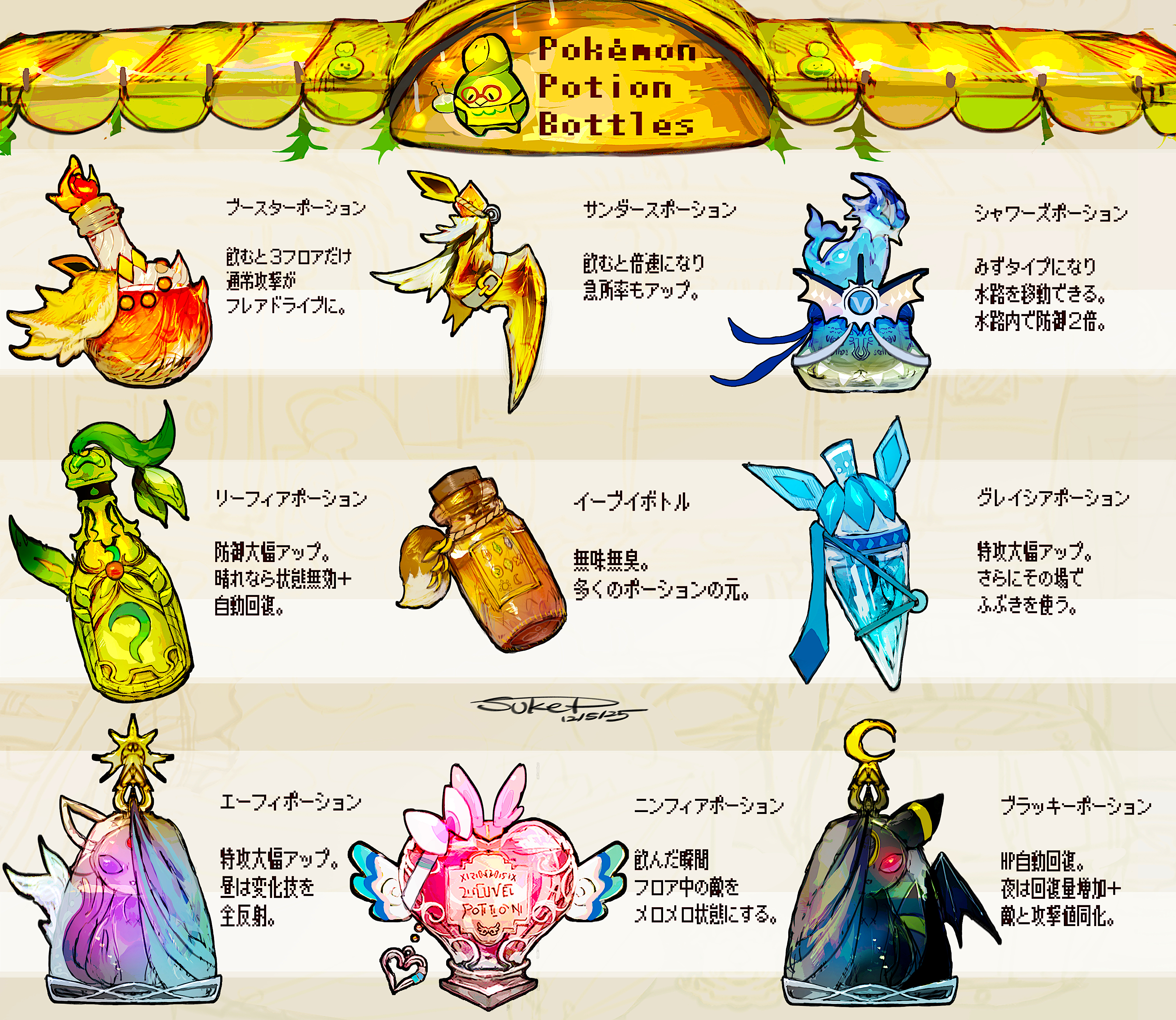 sukepmonster, budew, eevee, espeon, flareon, glaceon, jolteon, leafeon, sylveon, umbreon, vaporeon, nintendo, pokemon, absurdres, commentary request, highres, apron, bottle, brown background, dated, gen 1 pokemon, gen 2 pokemon, gen 4 pokemon, gen 6 pokemon, glass, mixed-language text, no humans, pokemon (creature), potion, red-framed eyewear, signature